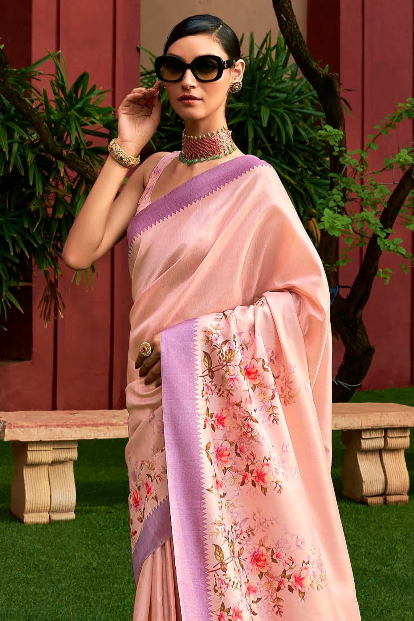 Buy MySilkLove Melon Pink Digital Printed Banarasi Saree Online