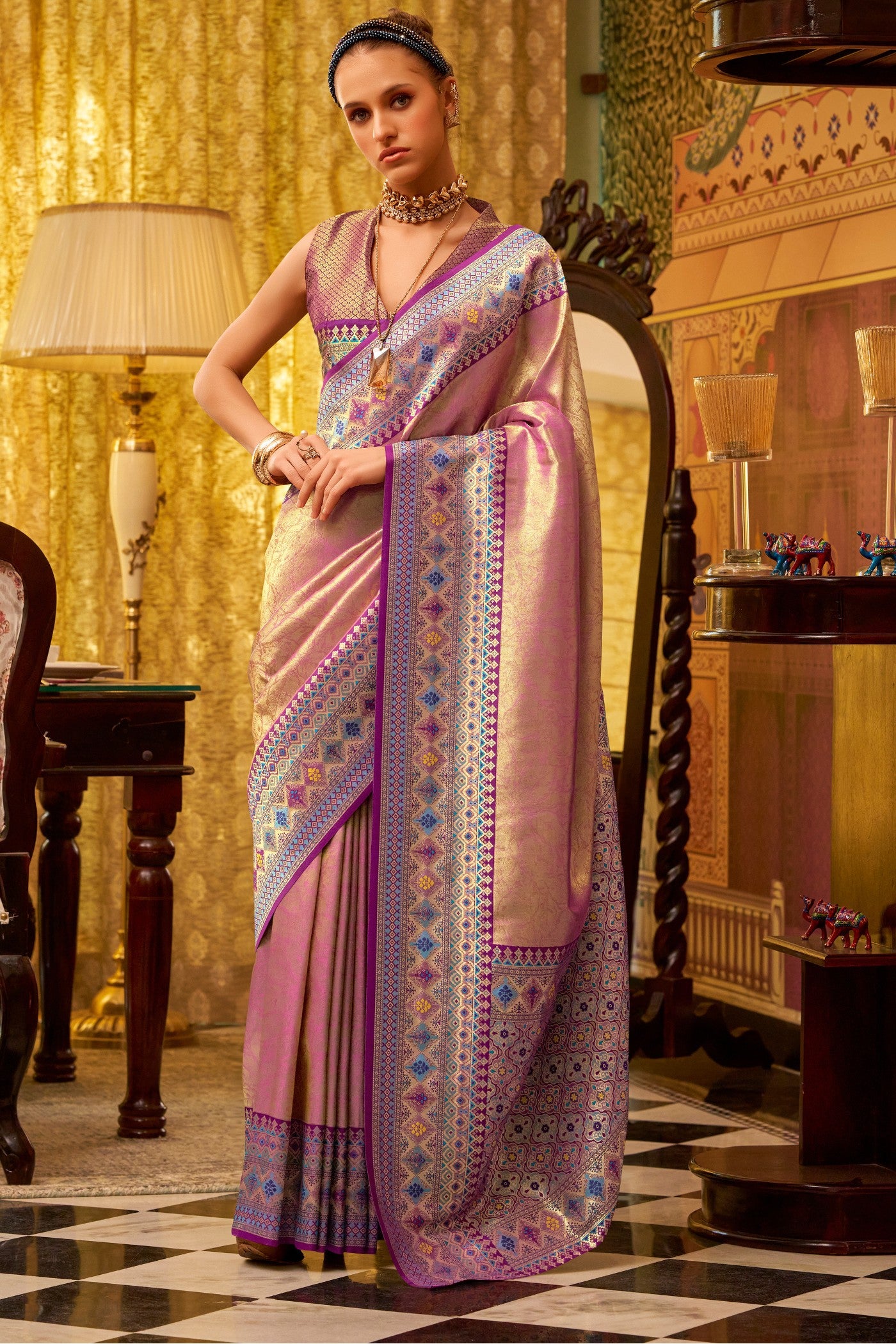 Buy MySilkLove Dirty Pink Woven Tissue Silk Saree Online