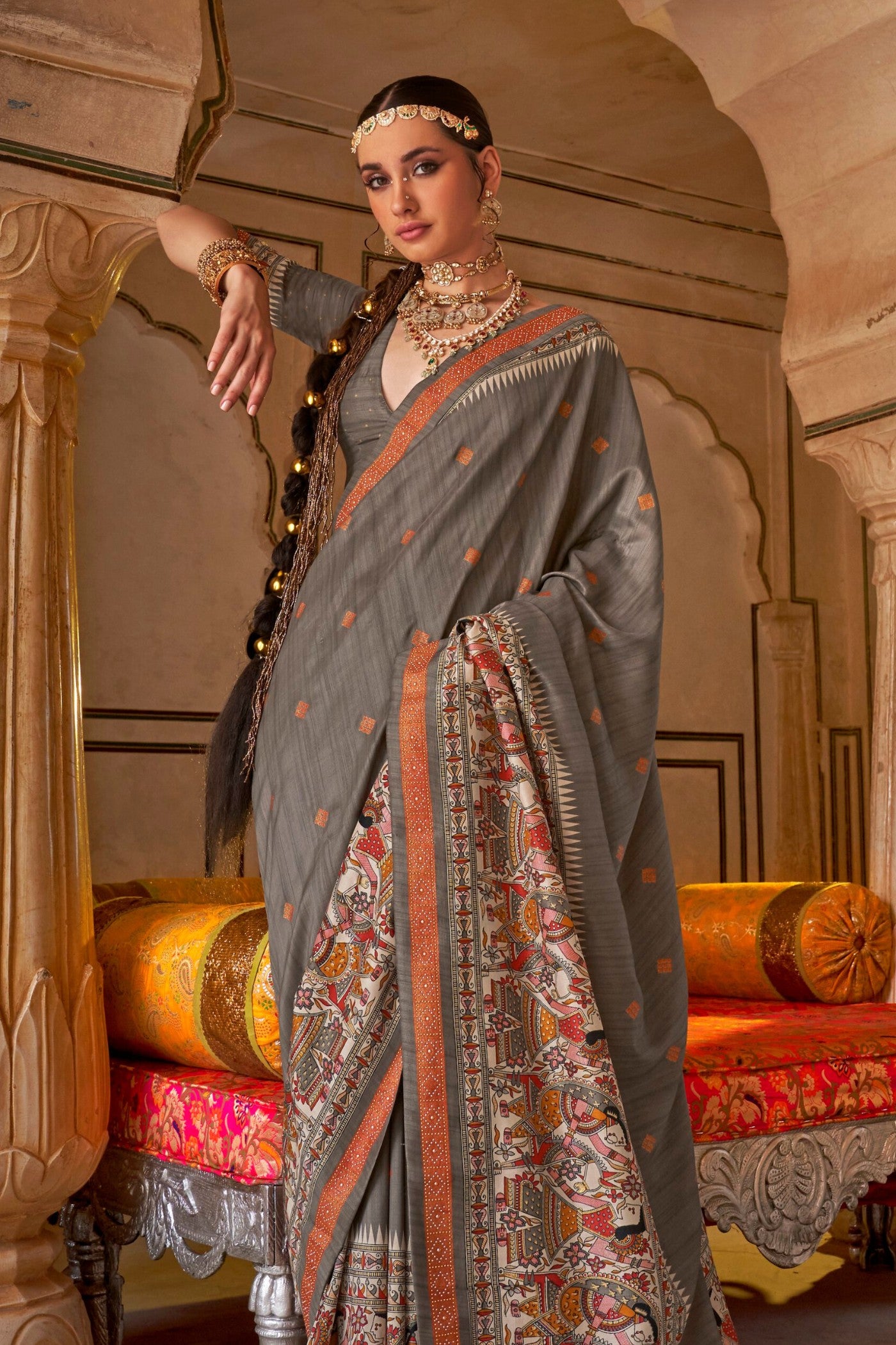 Buy MySilkLove Porpoise Grey Printed Patola Saree Online