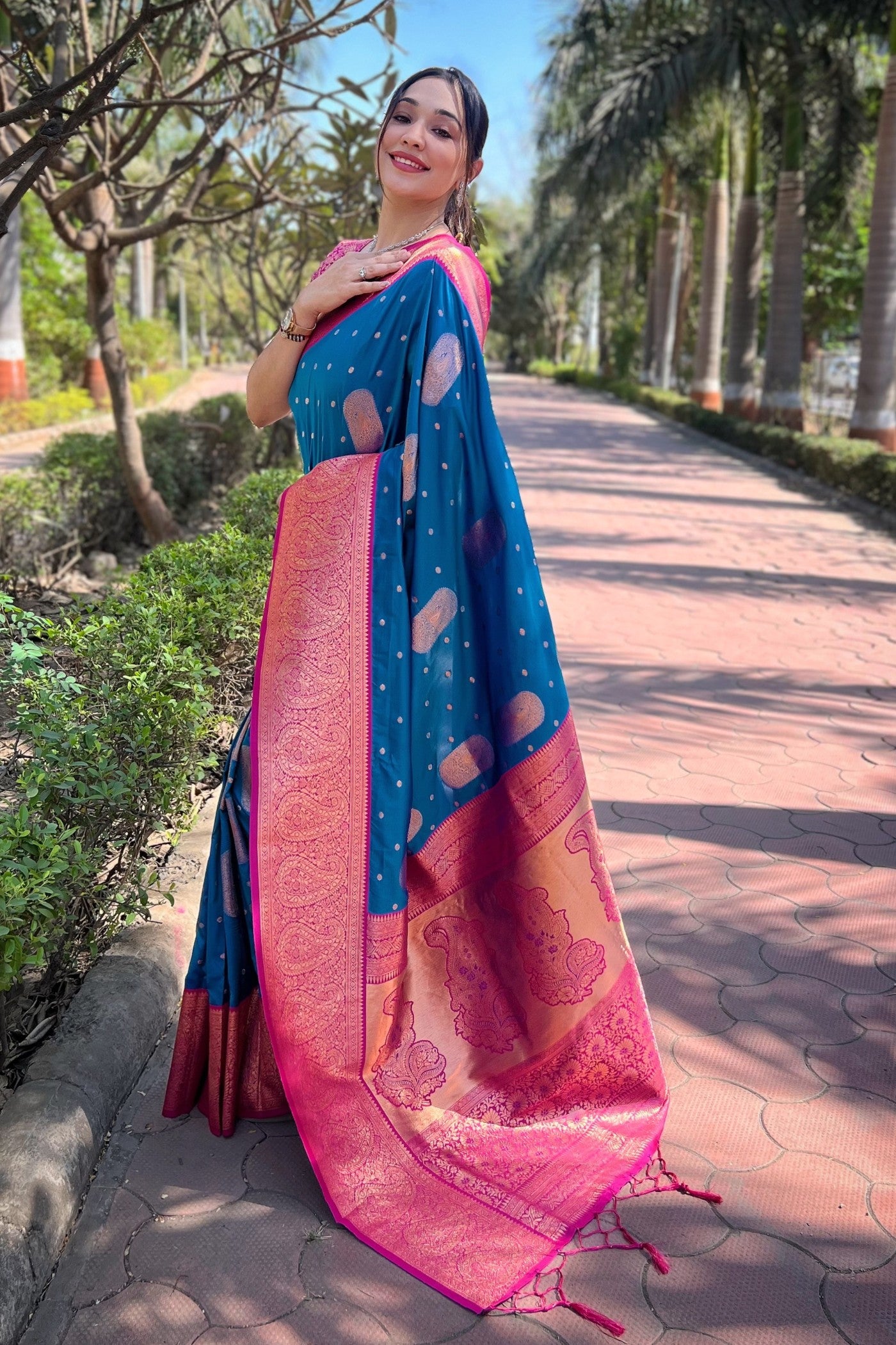 Buy MySilkLove Curious Blue and Pink Zari Woven Banarasi Saree Online