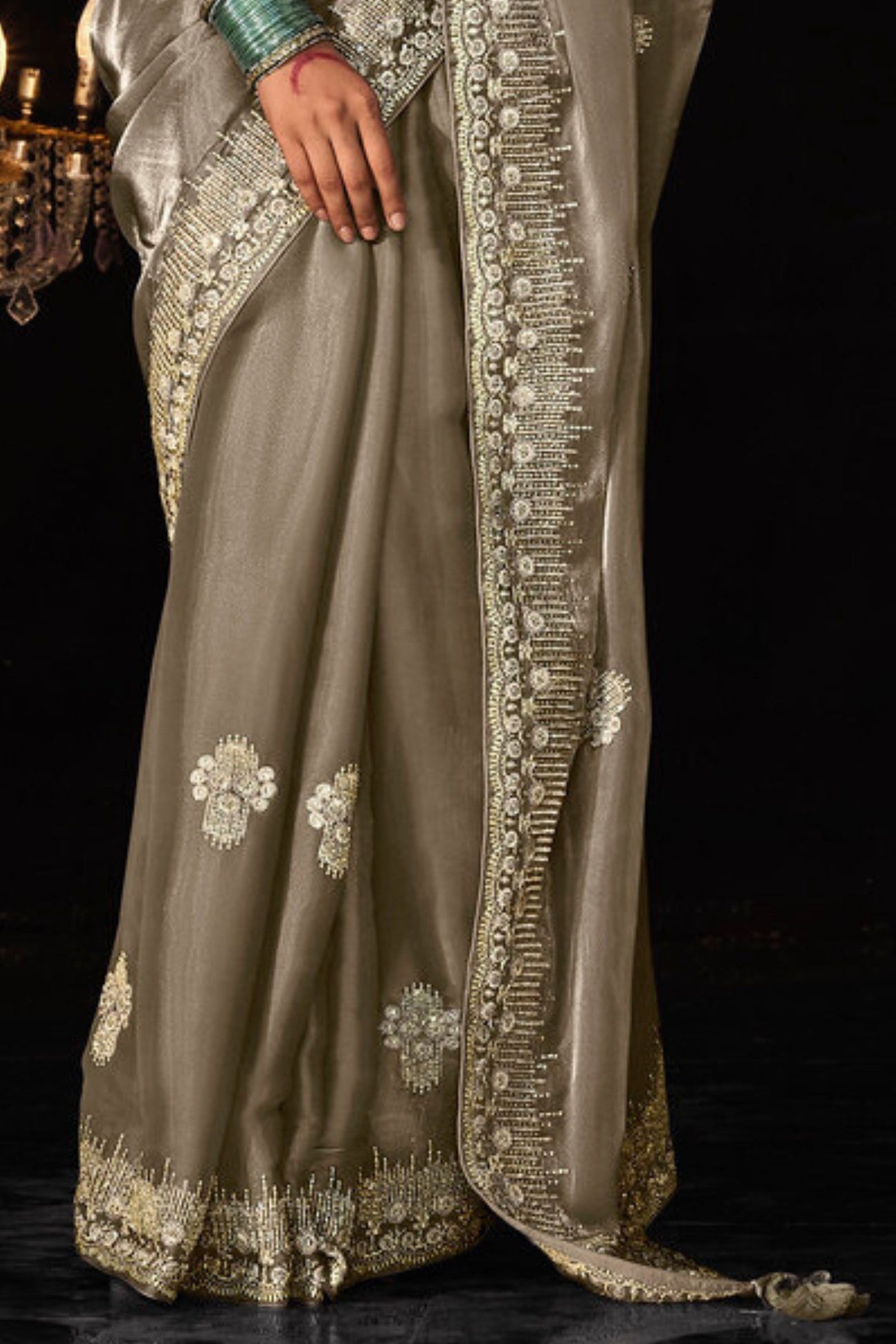 Buy MySilkLove Gold Shade Brown Tissue Embroidered Designer Saree Online