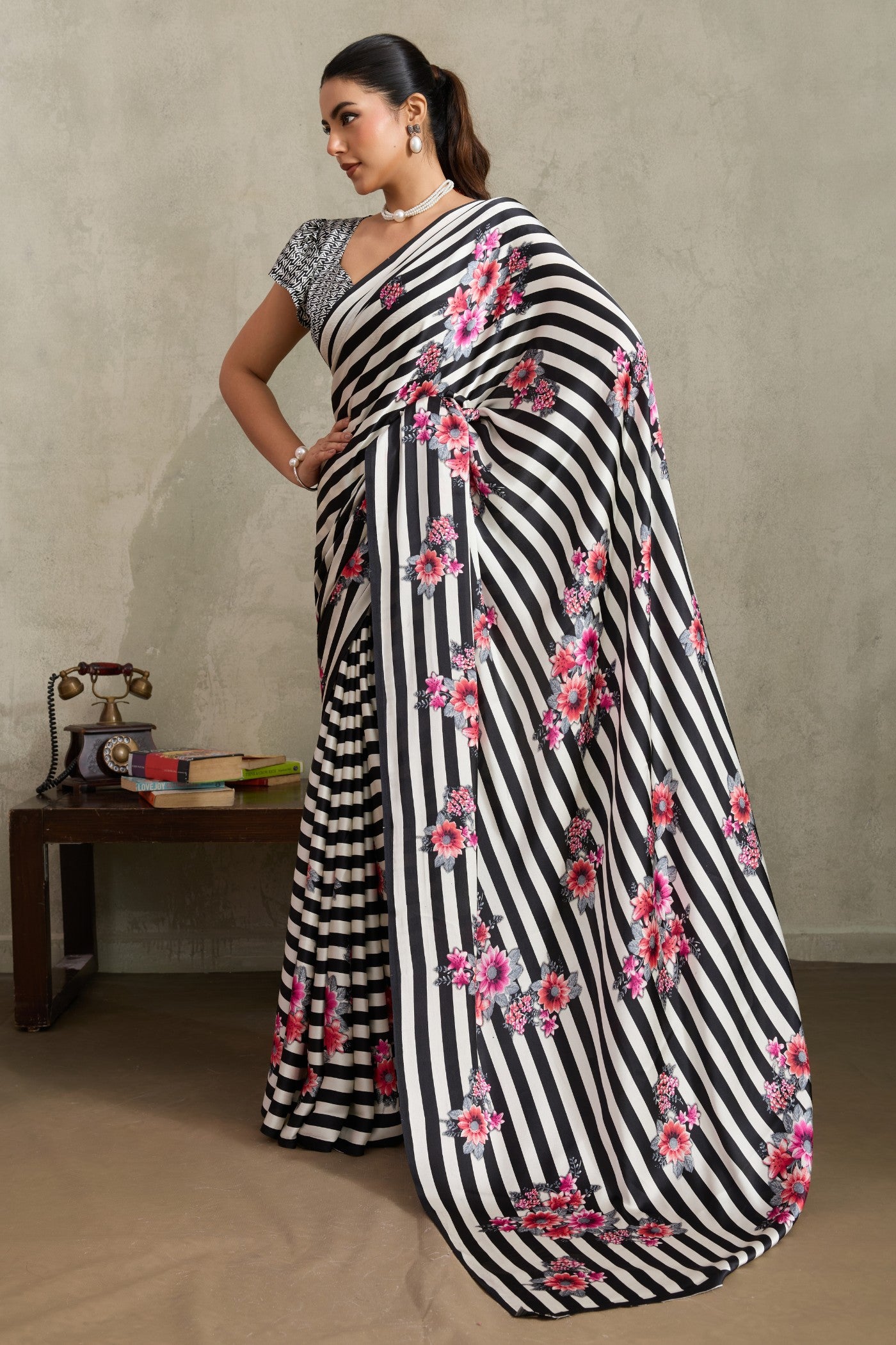 Buy MySilkLove Black Olive Ajrakh Printed Satin Crepe Silk Saree Online