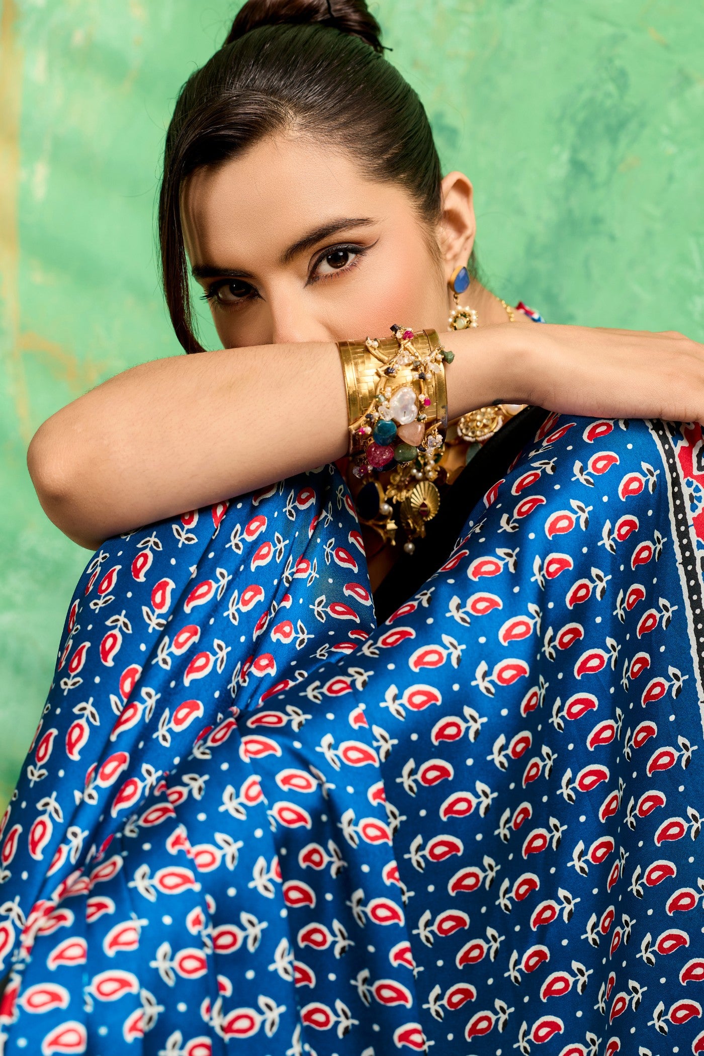 Buy MySilkLove Celestial Blue Modal Ajrakh Satin Printed Silk Saree Online