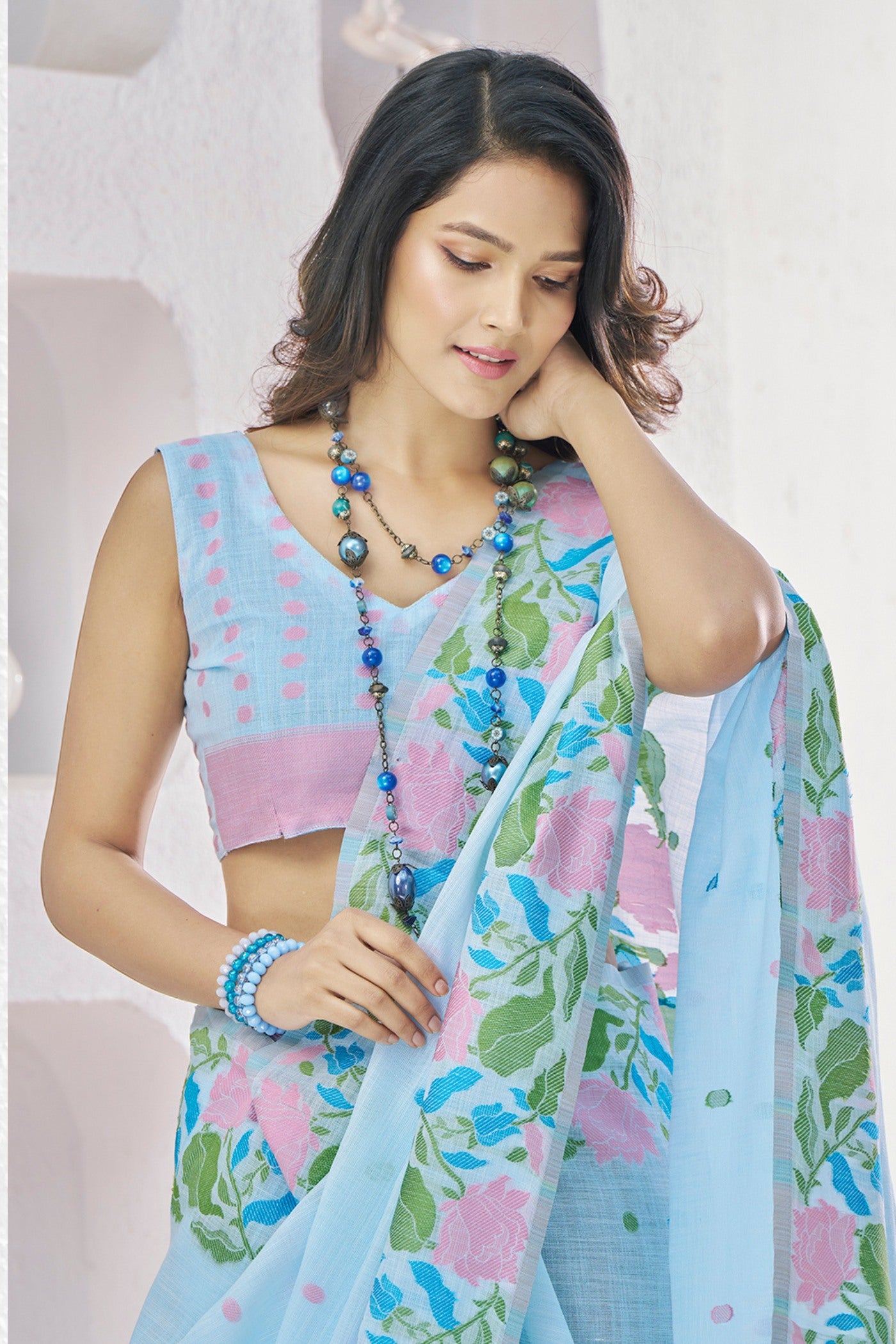 Buy MySilkLove Morning Glory Blue Woven Linen Saree Online