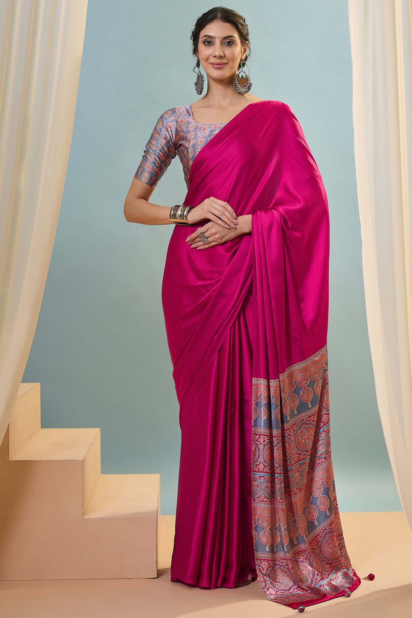 Buy MySilkLove Moonhex Pink Ajrakh Printed Satin Crepe Silk Saree Online