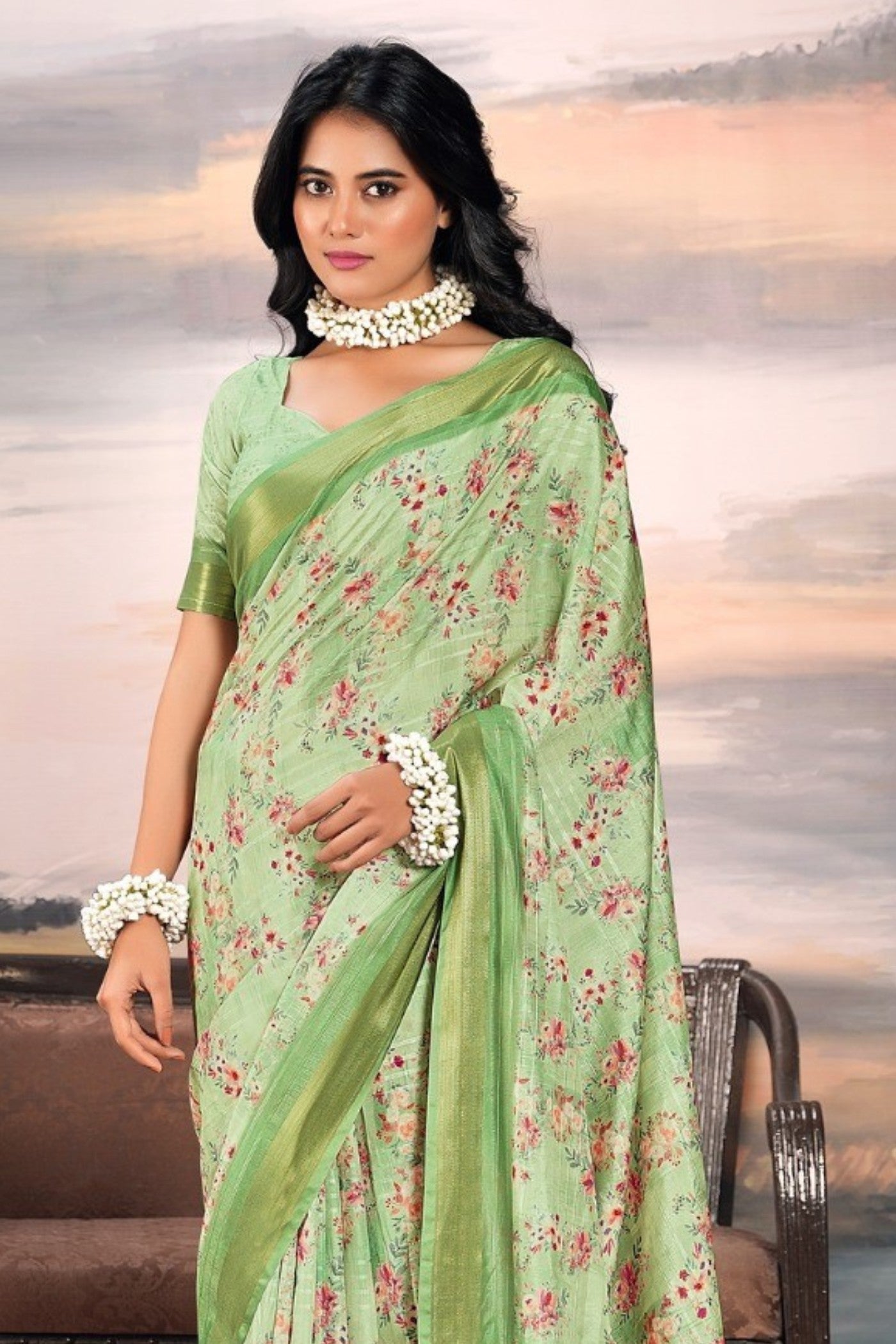 Buy MySilkLove Gurkha Green Digital Printed Cotton Saree Online