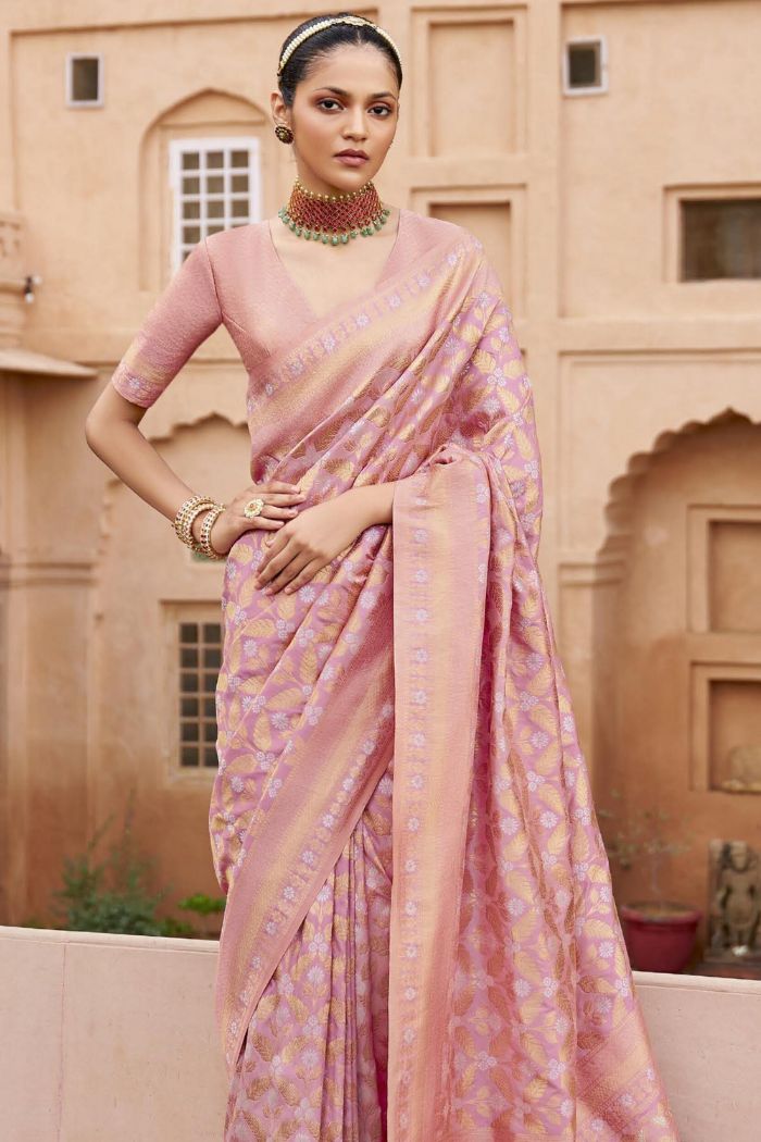 Buy MySilkLove Shimmer Pink Woven Banarasi Saree Online