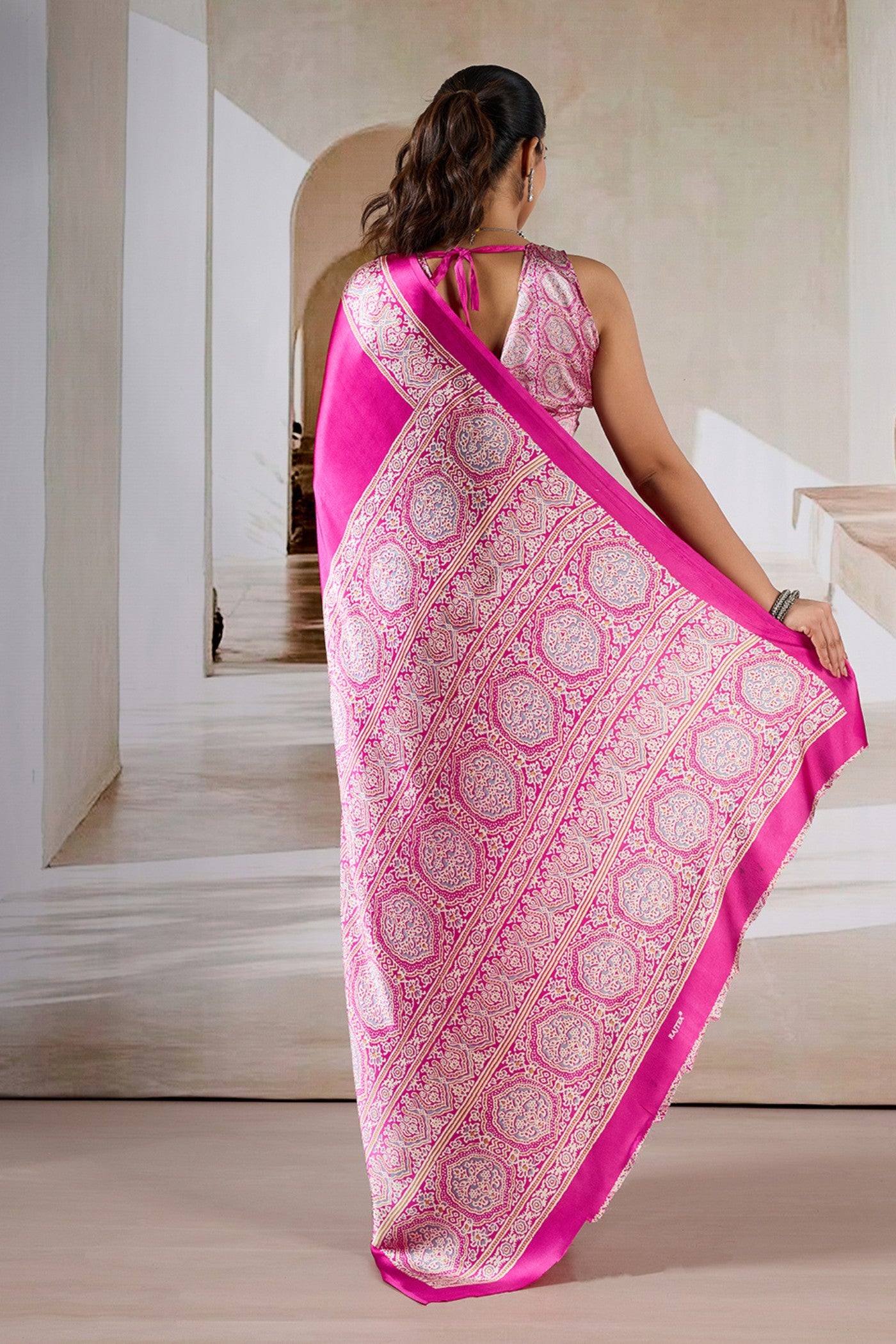 Buy MySilkLove Flower Bloom Pink Ajrakh Printed Satin Crepe Silk Saree Online