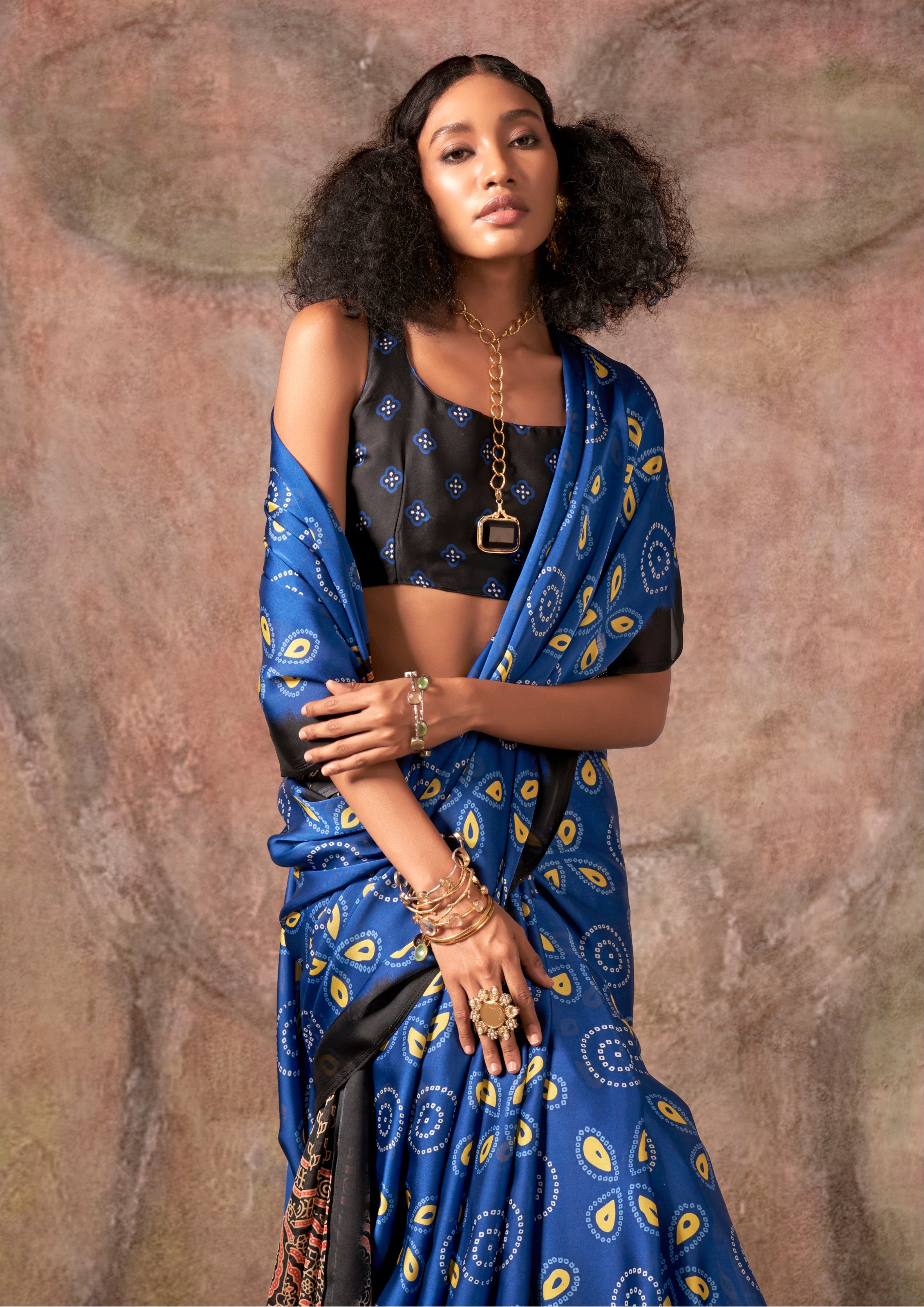MySilkLove Midnight Blue Ajrakh Printed Satin Georgette Silk Saree
