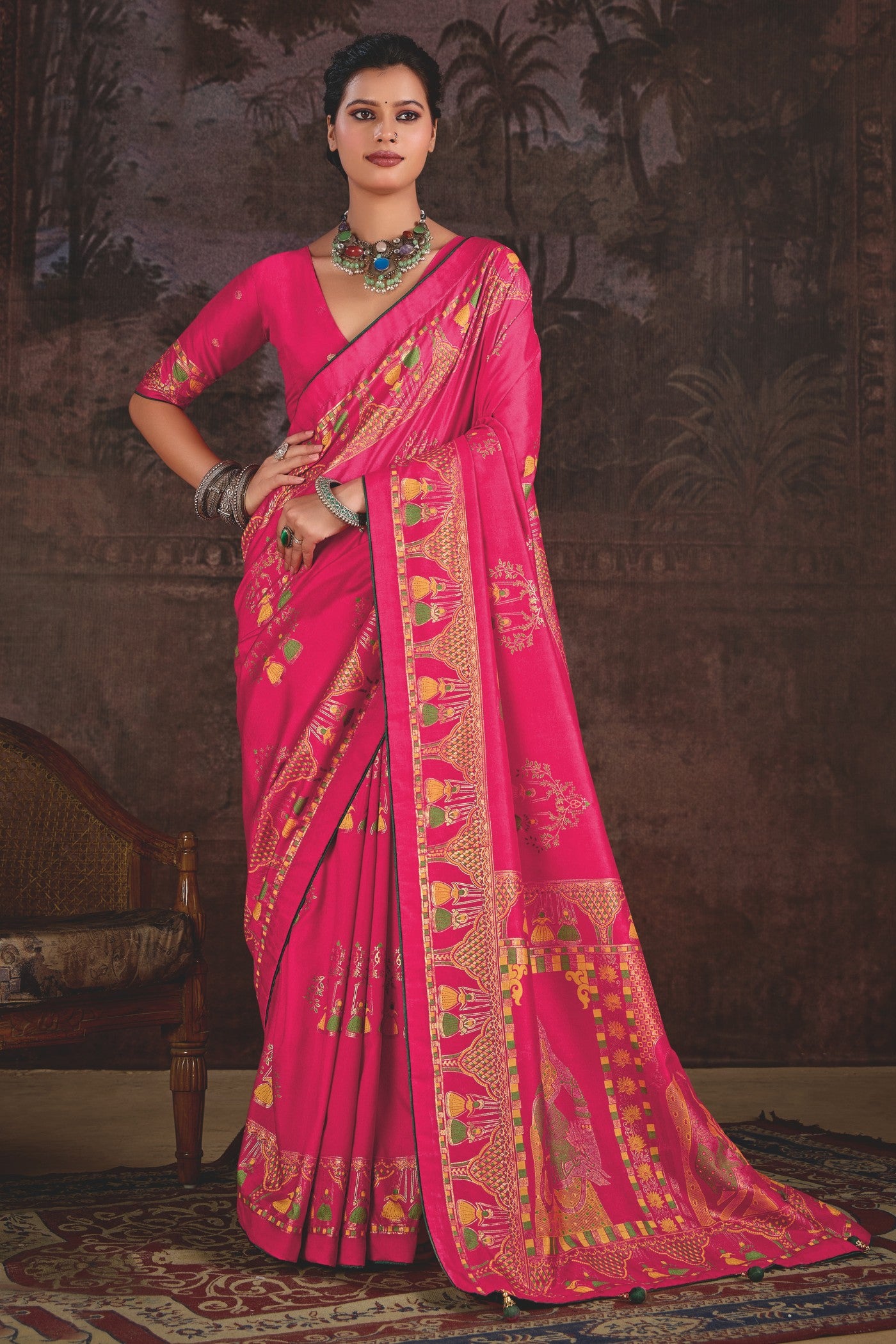 Buy MySilkLove Rose Pink Tussar Rajwadi Printed Silk Saree Online