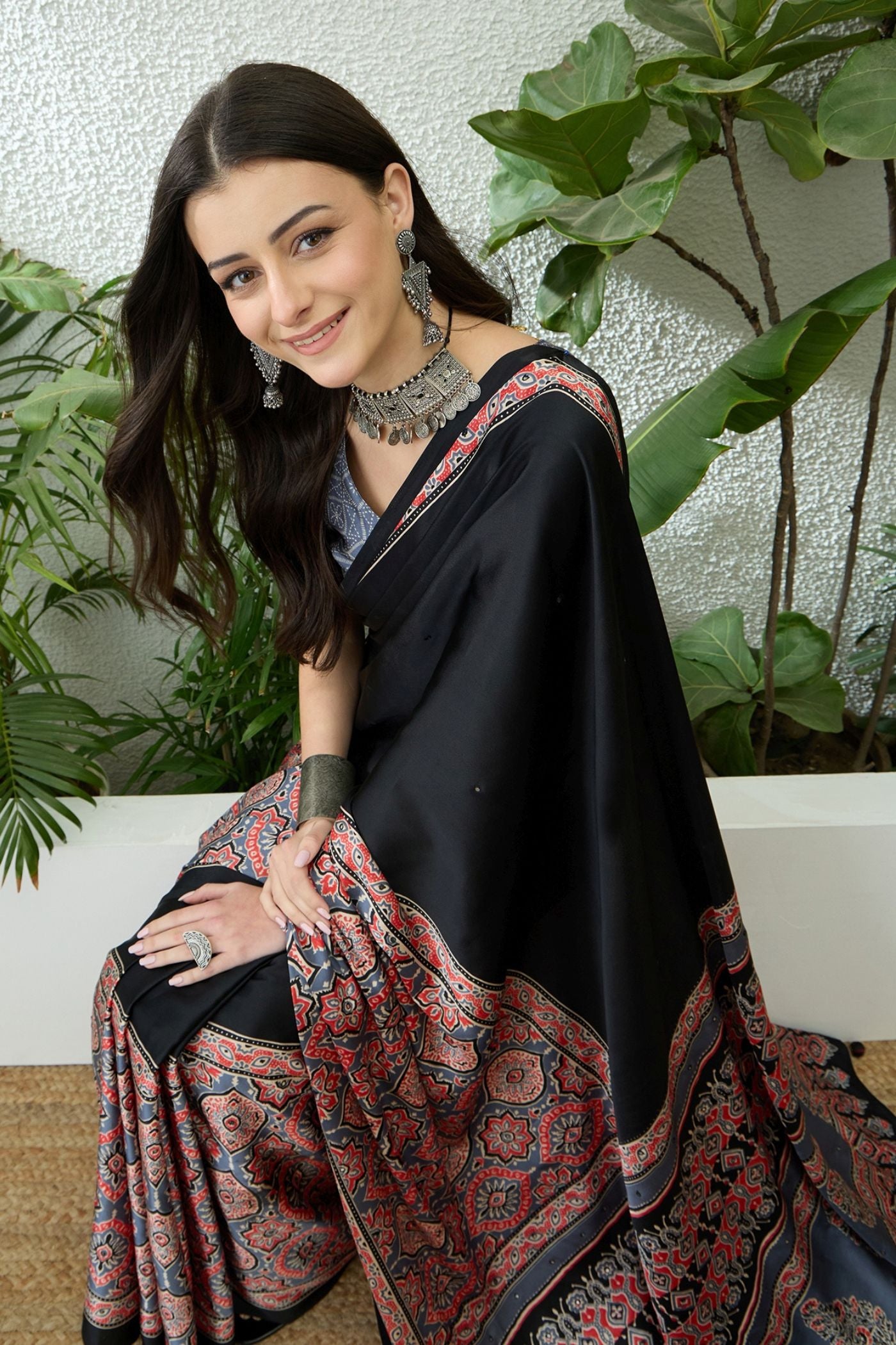 Buy MySilkLove Obsidian Black and Grey Modal Ajrakh Satin Printed Silk Saree Online