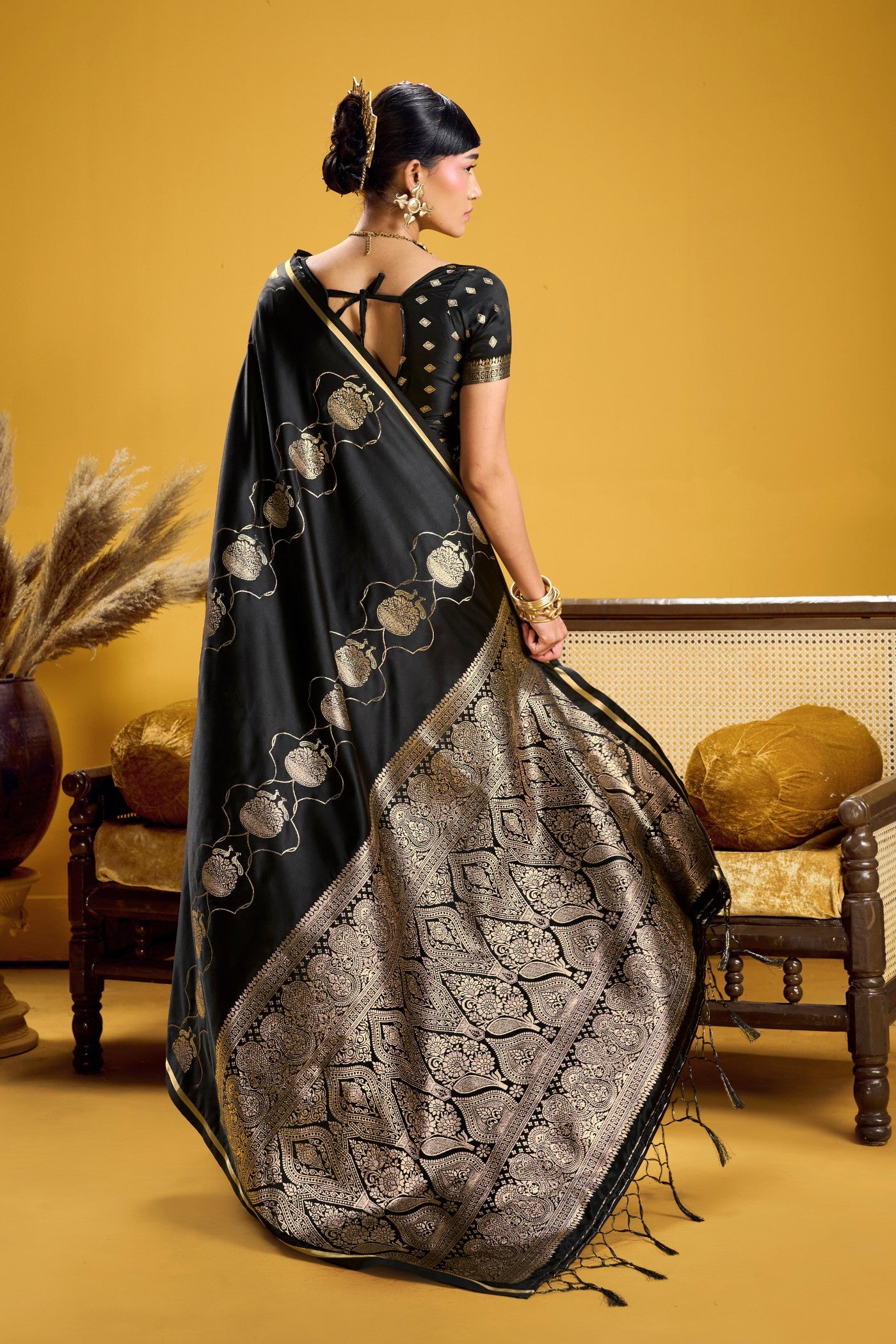 Buy MySilkLove Charcoal Black Handloom Satin Silk Saree Online
