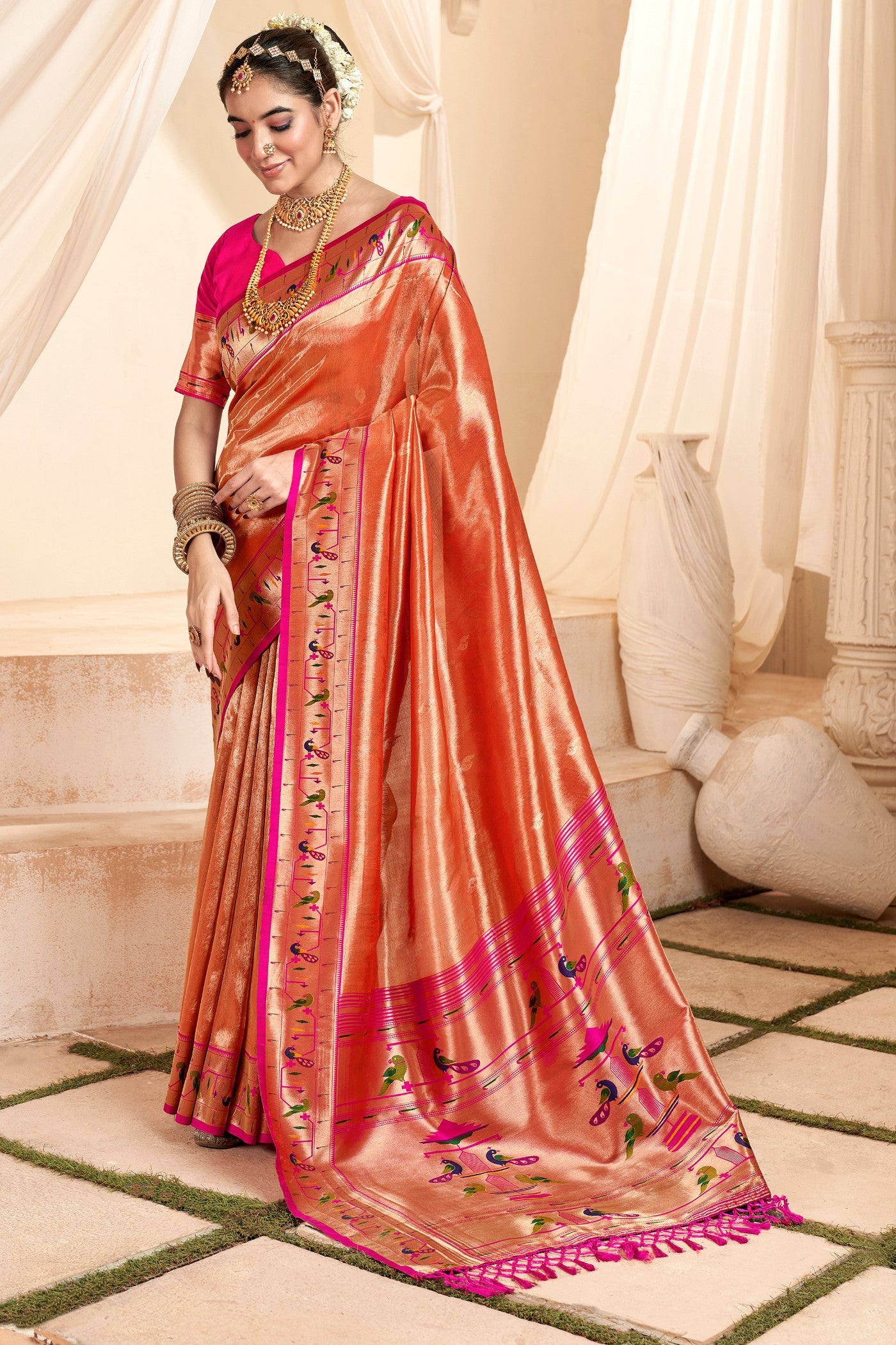 Buy MySilkLove Atomic Orange Zari Woven Paithani Tissue Saree Online