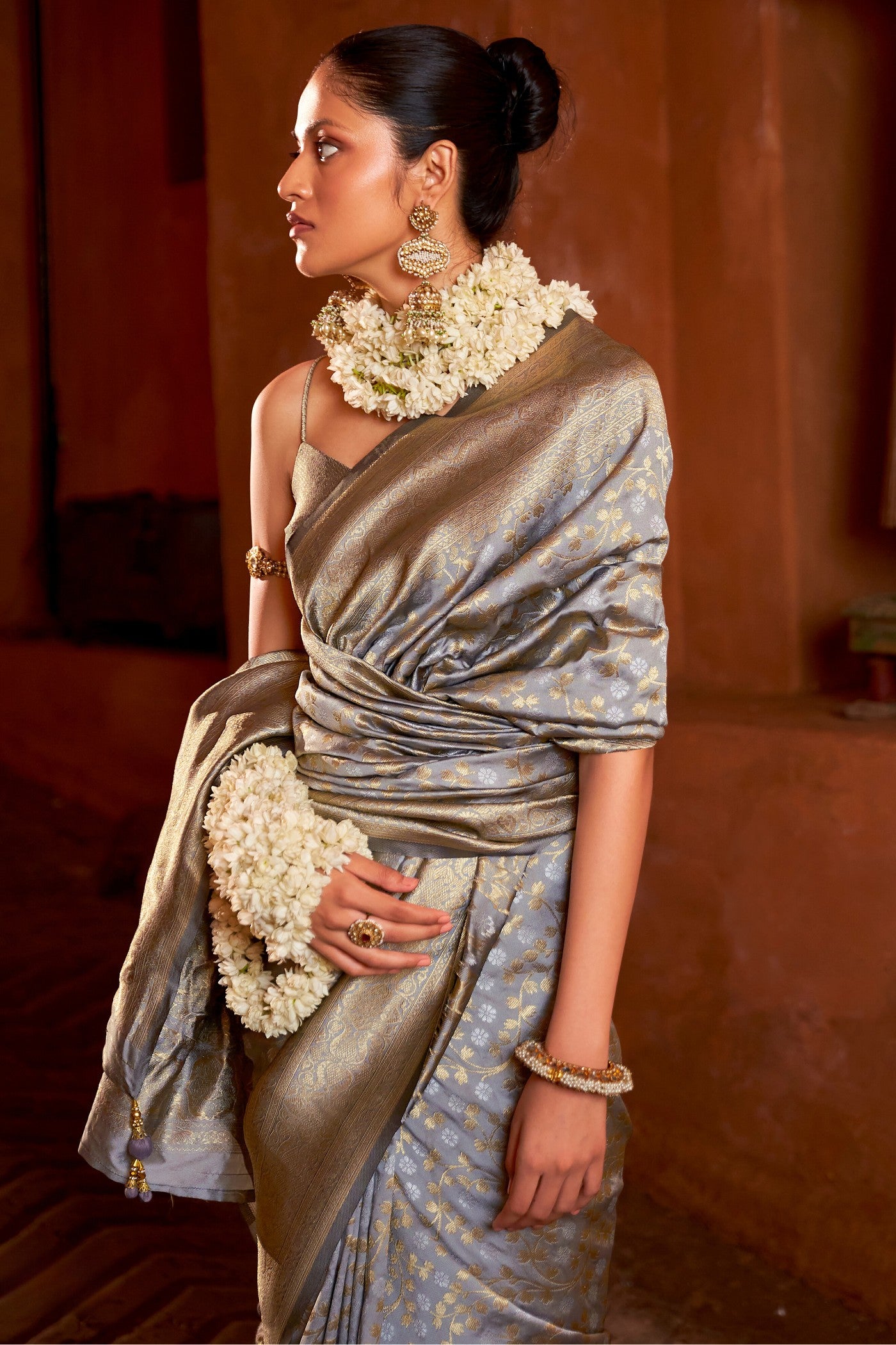 Buy MySilkLove Squirrel Grey Woven Banarasi Saree Online