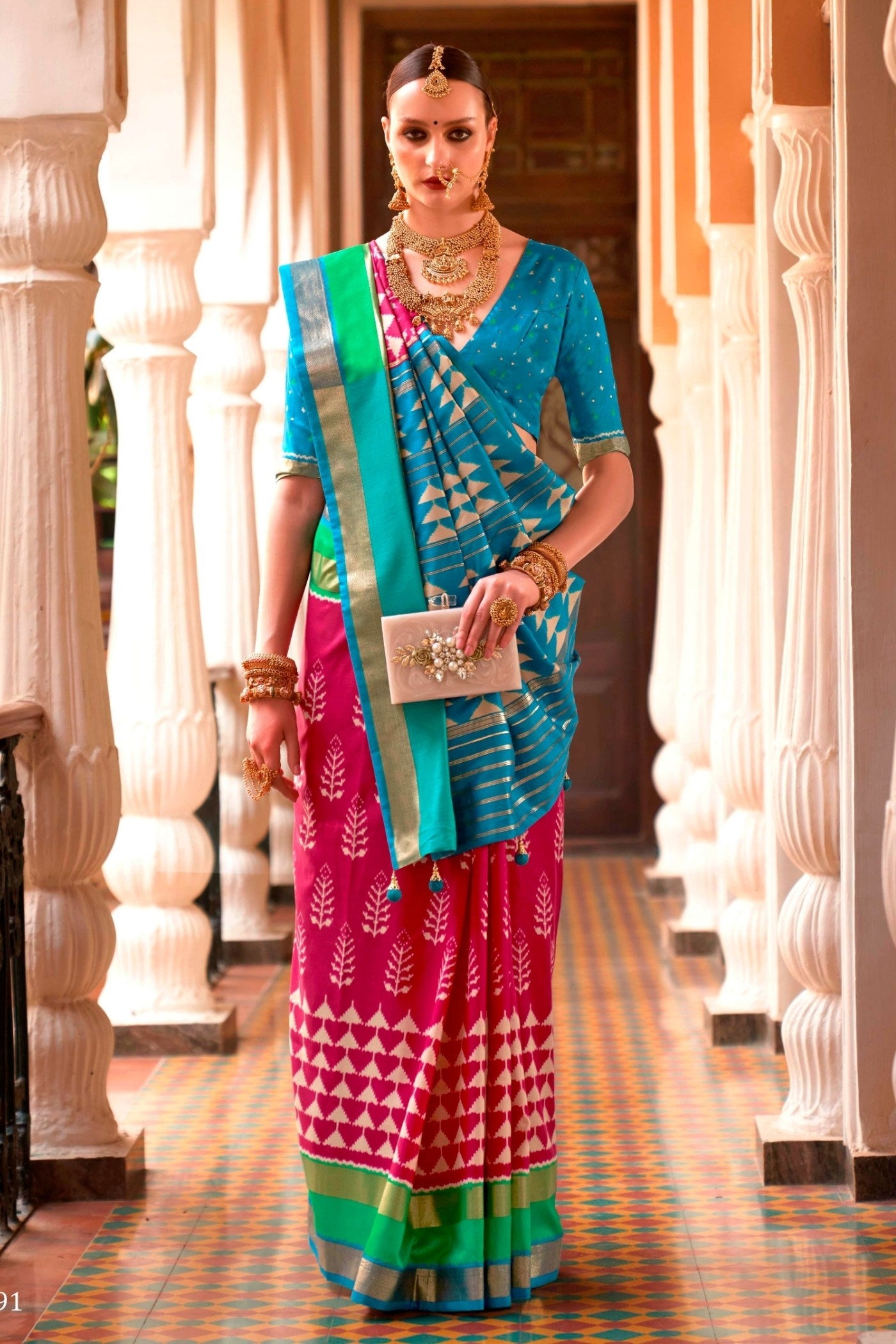 Buy MySilkLove Petal Pink and Blue Printed Patola Saree Online