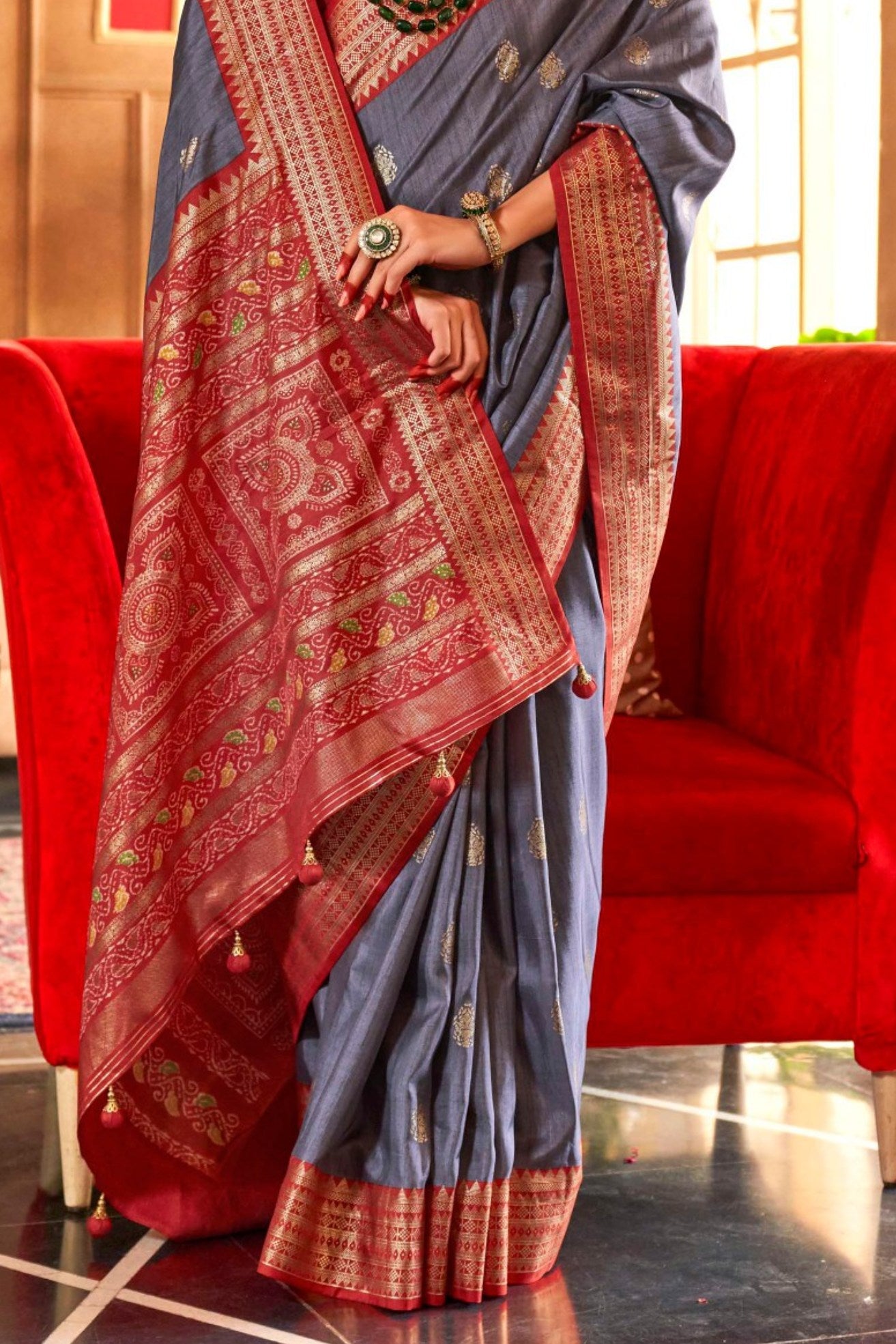 Buy MySilkLove Oslo Grey Printed Patola Saree Online