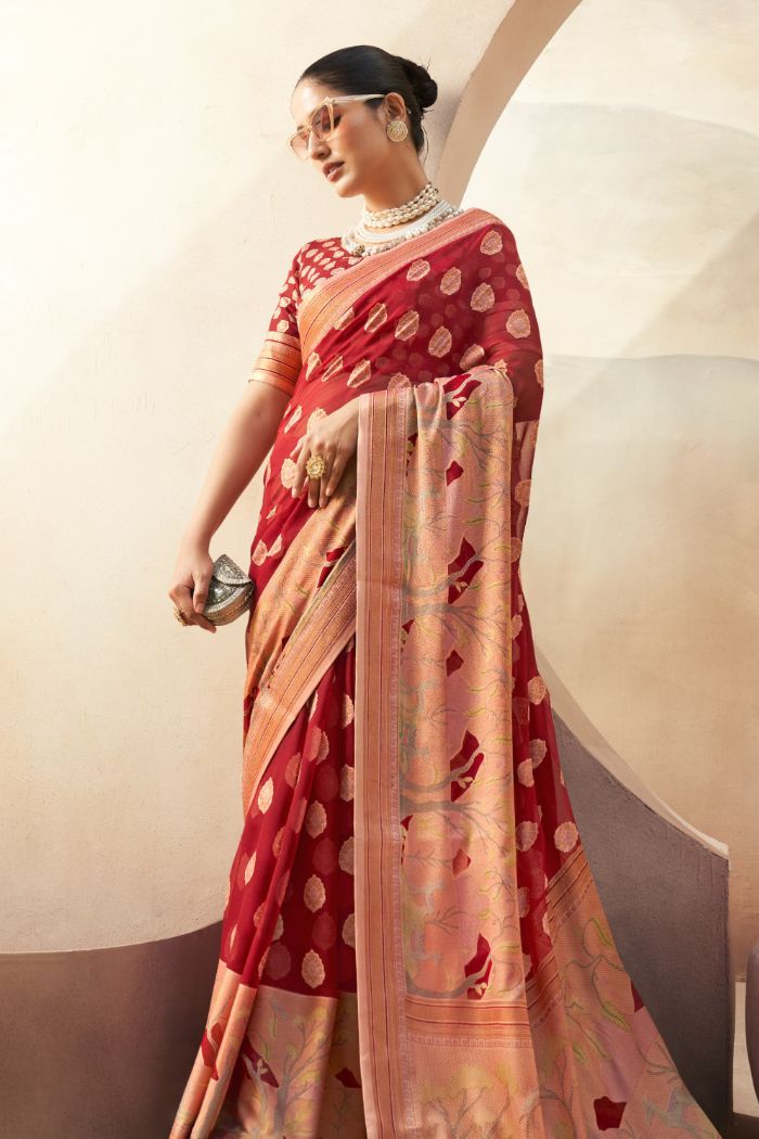 Buy MySilkLove Tall Poppy Red Woven Georgette saree Online