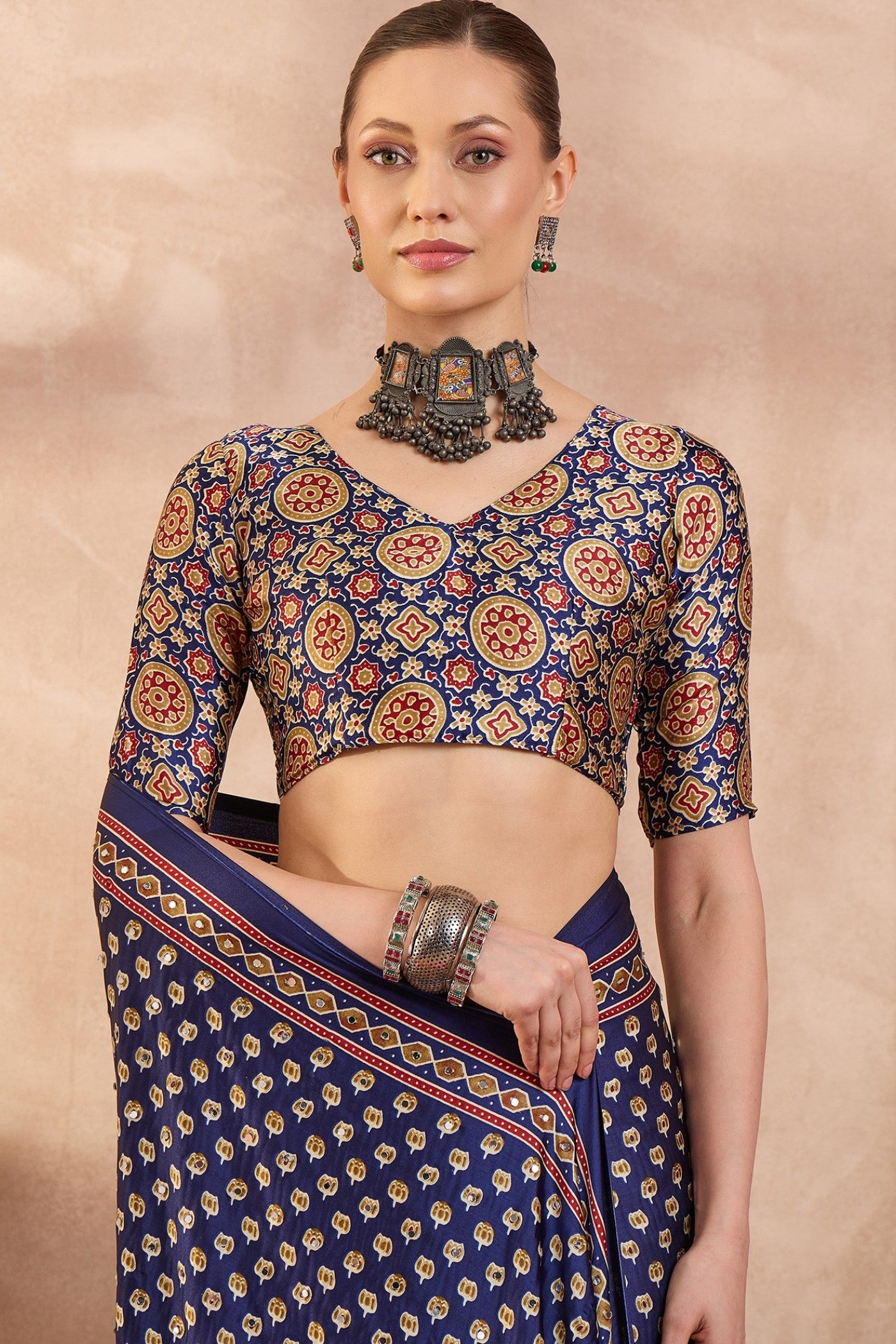 Buy MySilkLove Berry Blue Modal Ajrakh Satin Printed Silk Saree Online