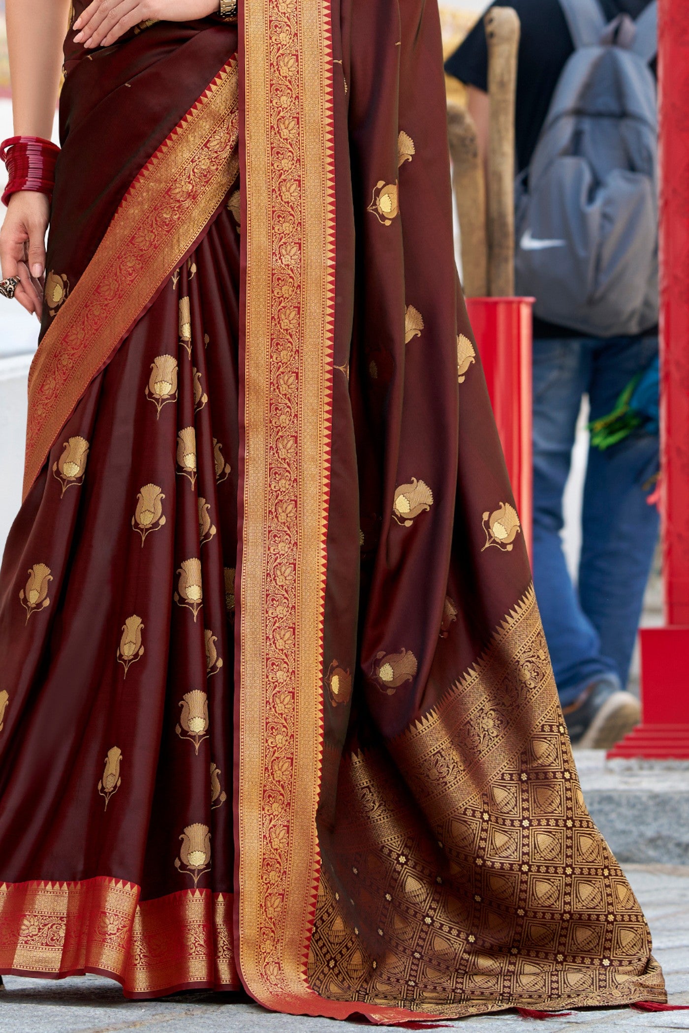 Buy MySilkLove Brunette Brown Woven Satin Silk Saree Online