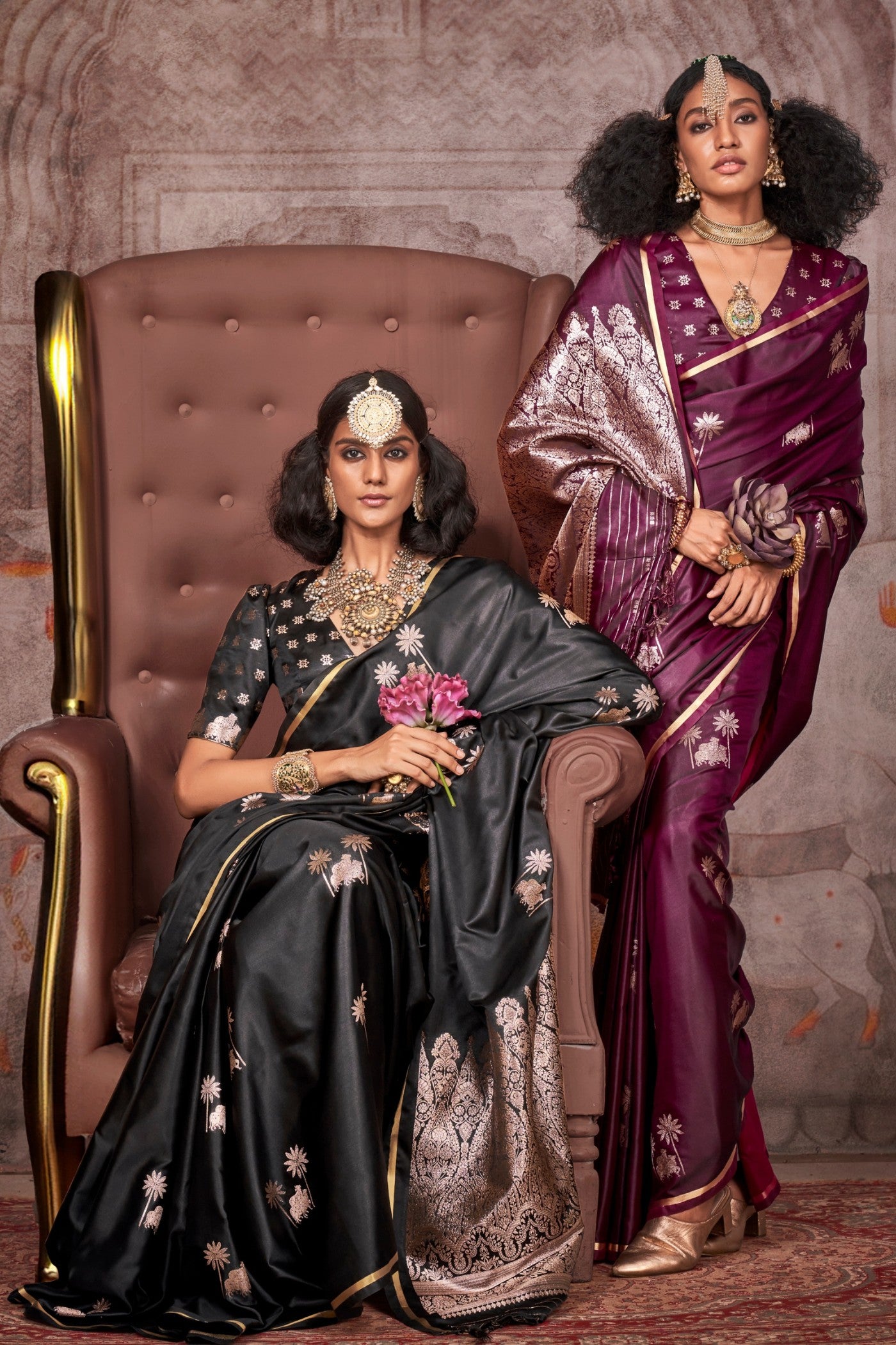 Buy MySilkLove Tuna Black Banarasi Pichwai Satin Saree Online