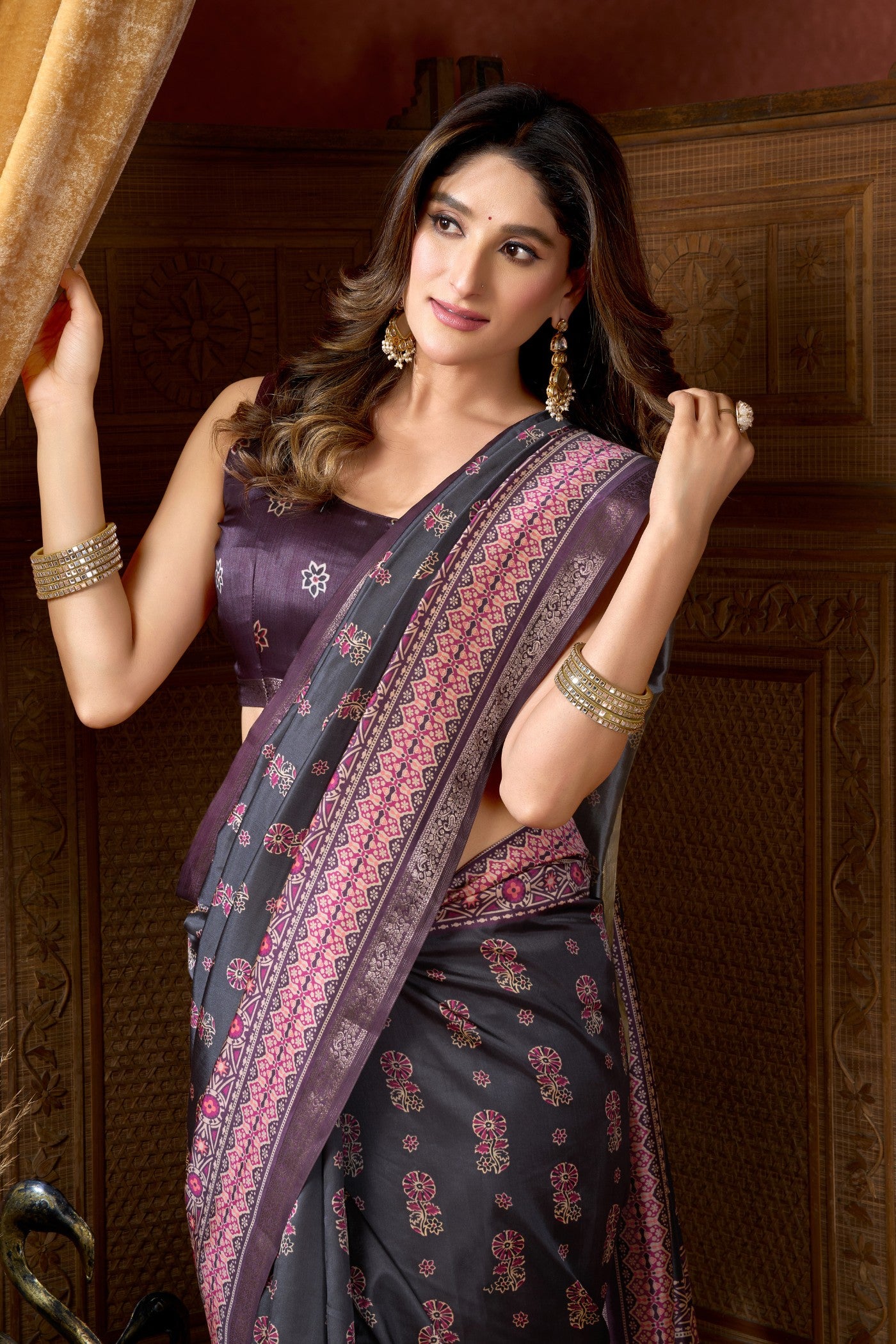 Buy MySilkLove Platinum Grey Ajrakh Printed Saree Online
