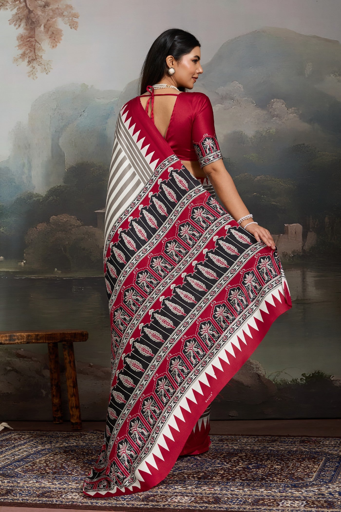 Buy MySilkLove Honeydew White and Red Ajrakh Printed Satin Crepe Silk Saree Online
