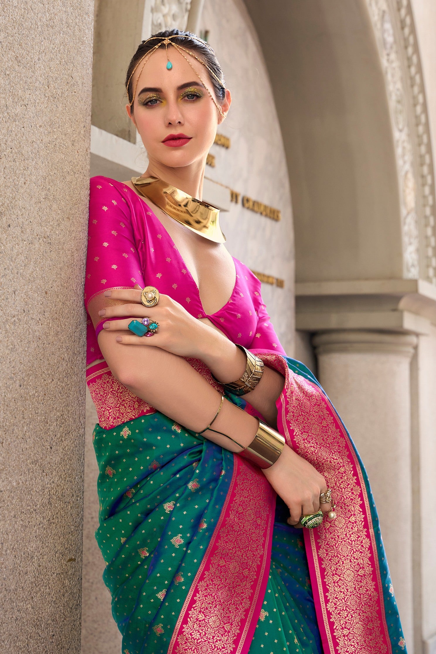 Buy MySilkLove Plantation Green and Pink Zari Woven Banarasi Soft Silk Saree Online