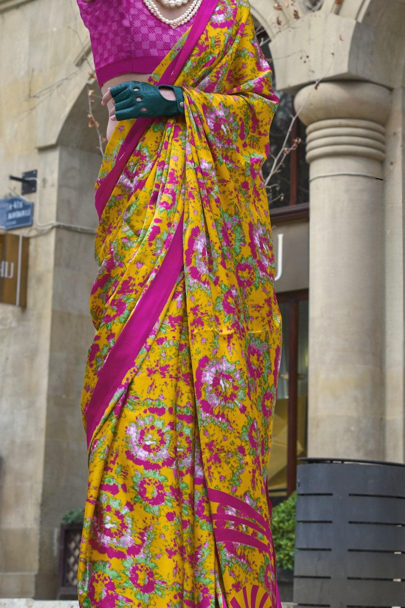 Buy MySilkLove Dijon Yellow and Pink Printed Satin Crepe Silk Saree Online