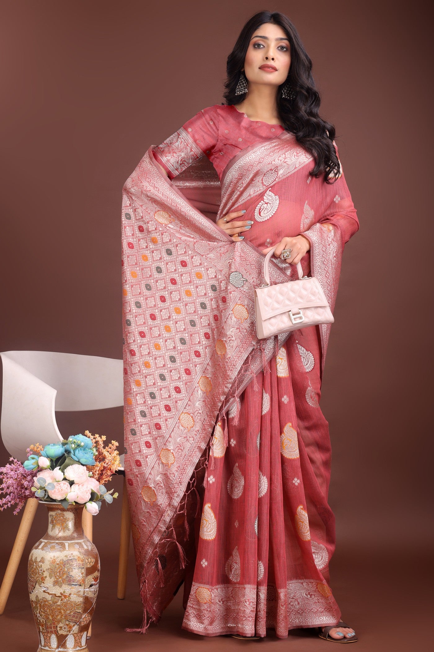 MySilkLove Warm Peach Linen Cotton Saree