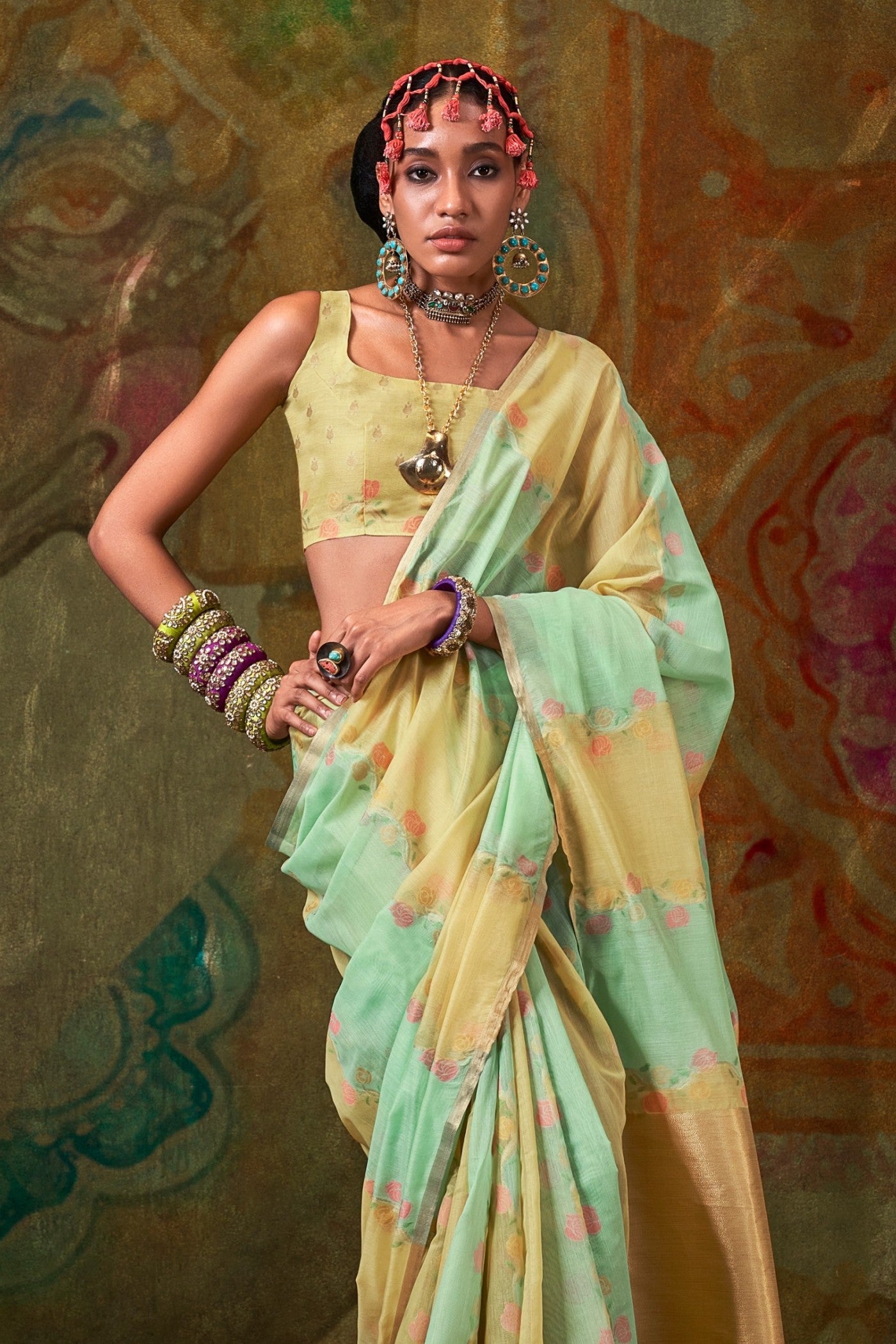 Buy MySilkLove Hillary Green and Yellow Banarasi Handloom Saree Online