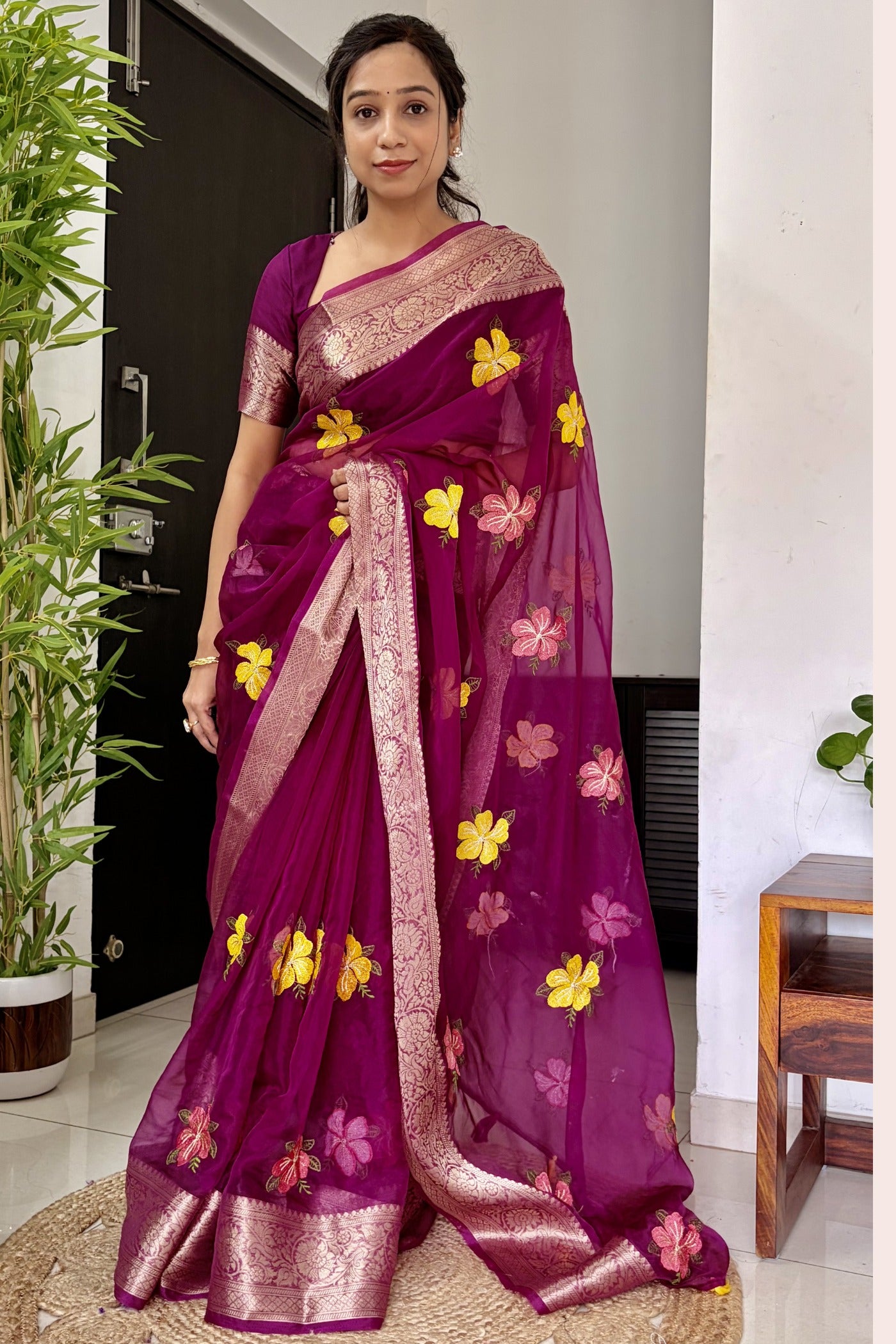 Buy MySilkLove Rose Pink Woven Tissue Floral Saree Online
