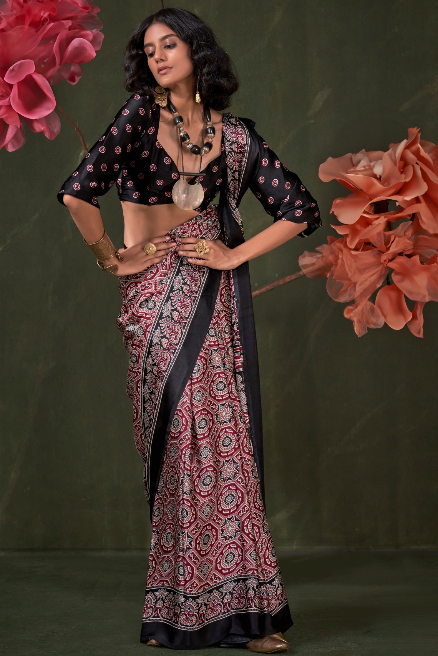 MySilkLove Currant Maroon and Black Ajrakh Printed Satin Crepe Silk Saree