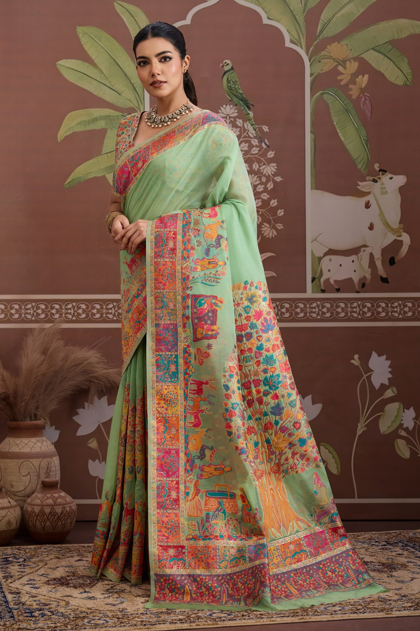 Buy MySilkLove Pista Green Kashmiri Handllom Jamewar Saree Online