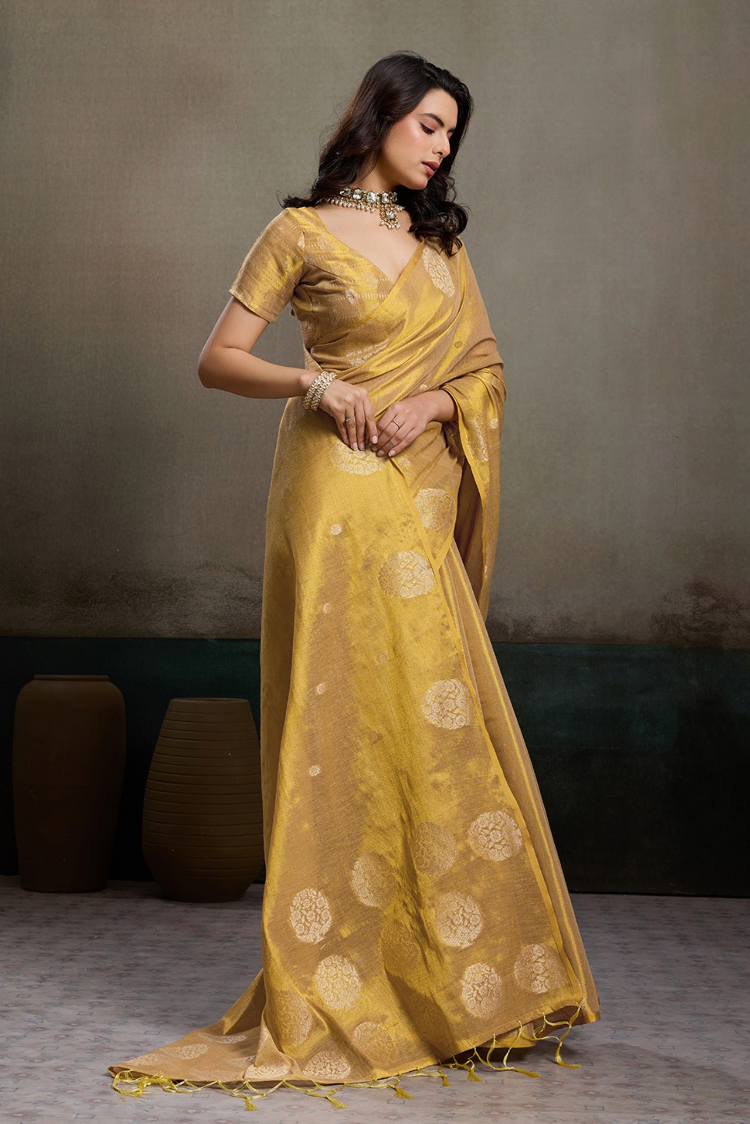 Buy MySilkLove Pastel Yellow Woven Tissue Saree Online
