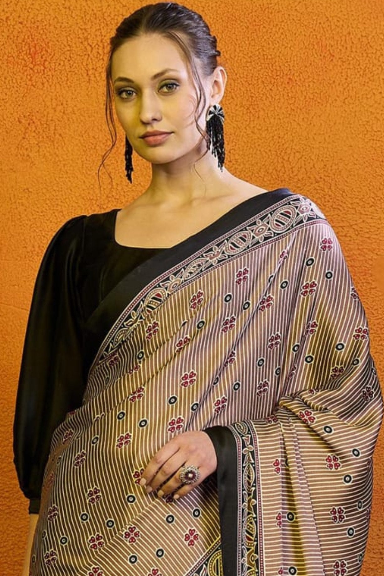 Buy MySilkLove Americano Grey Printed Ajrakh Satin Crepe Saree Online