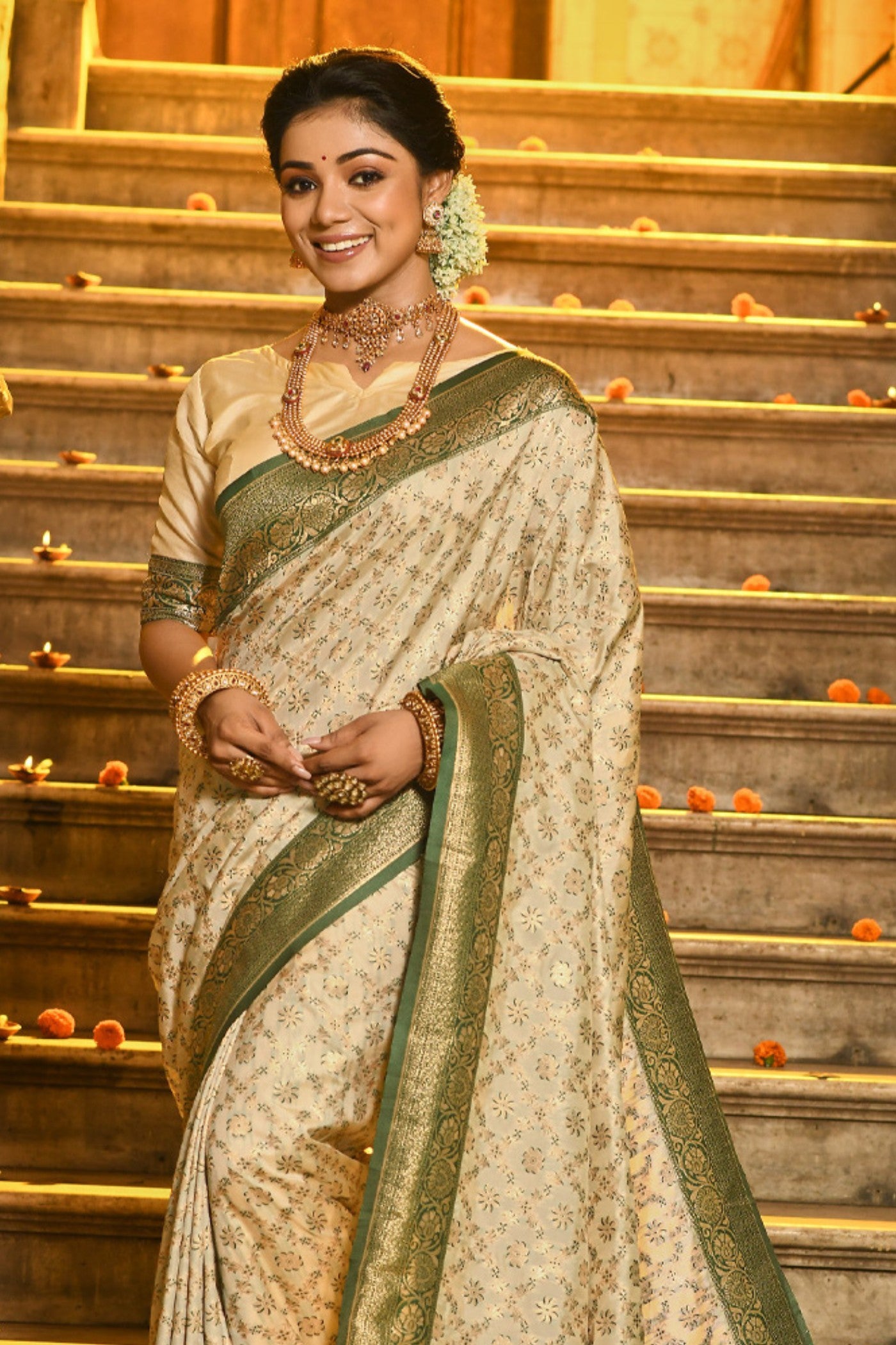 Buy MySilkLove Oat Cream Woven Banarasi Saree Online