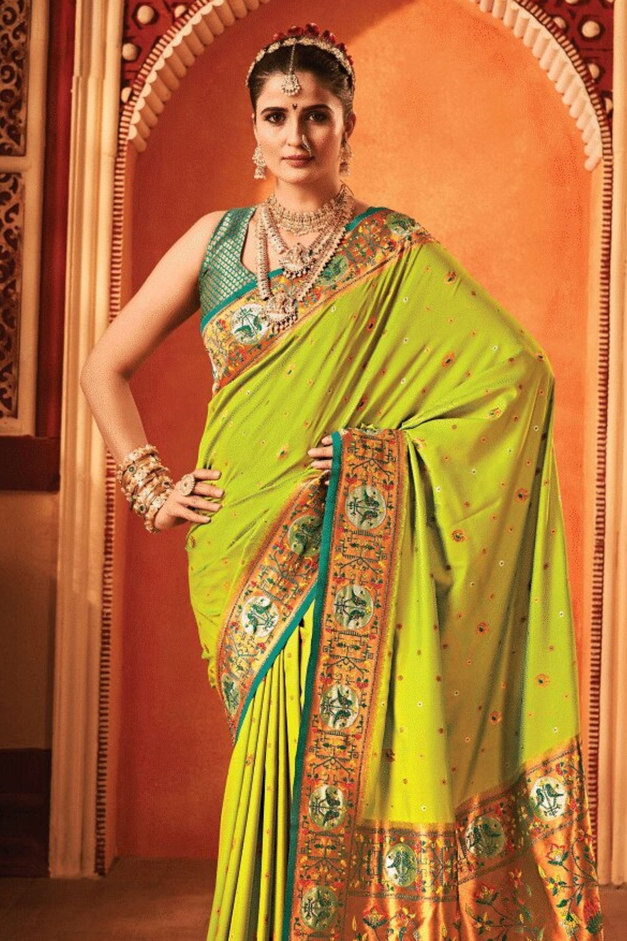 Buy MySilkLove Key Lime Pie Green Woven Paithani Saree Online