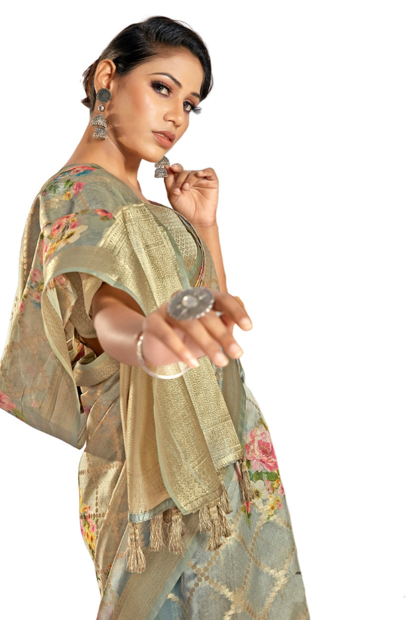 Buy MySilkLove Dolphin Grey Digital Printed Banarasi Saree Online