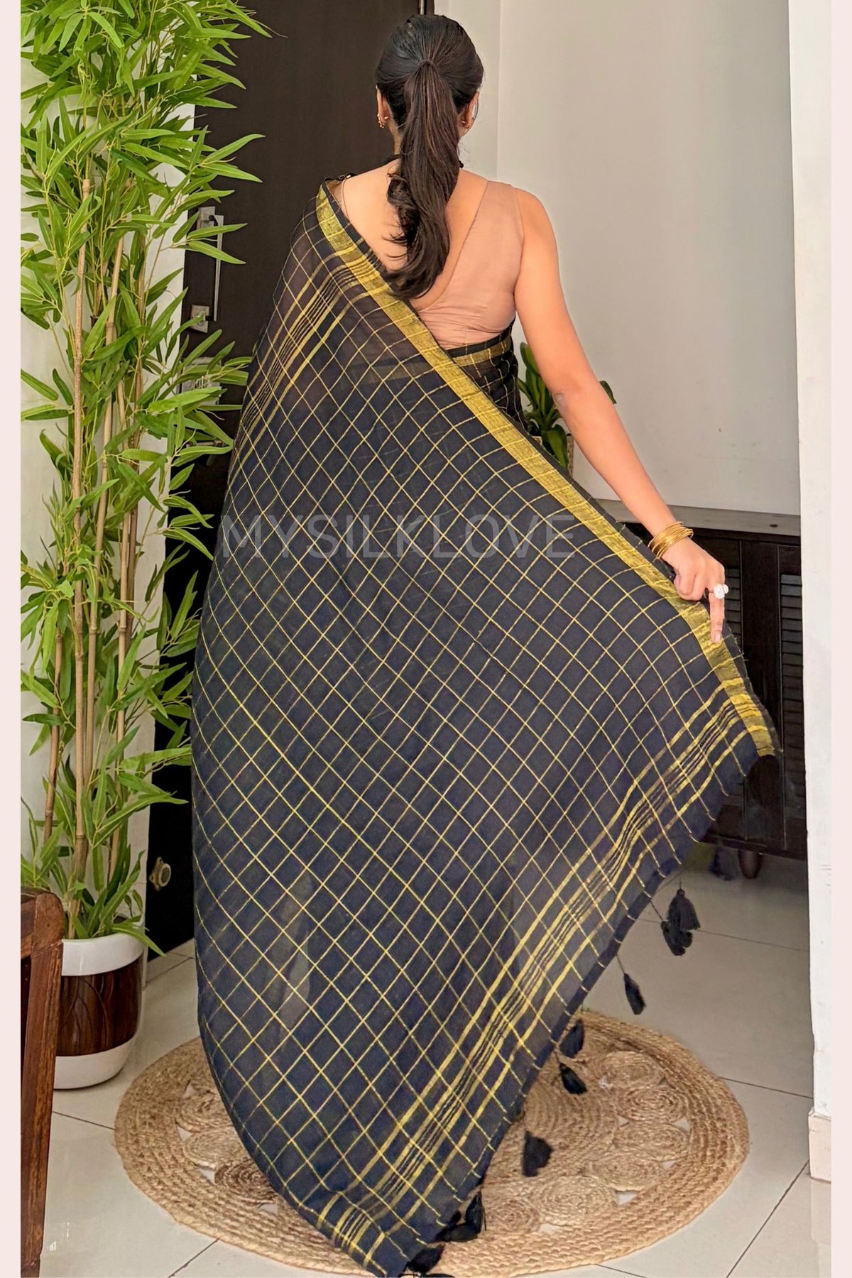 Buy MySilkLove Ink Black Mul Mul Cotton Checks Pattern Zari Woven Saree Online