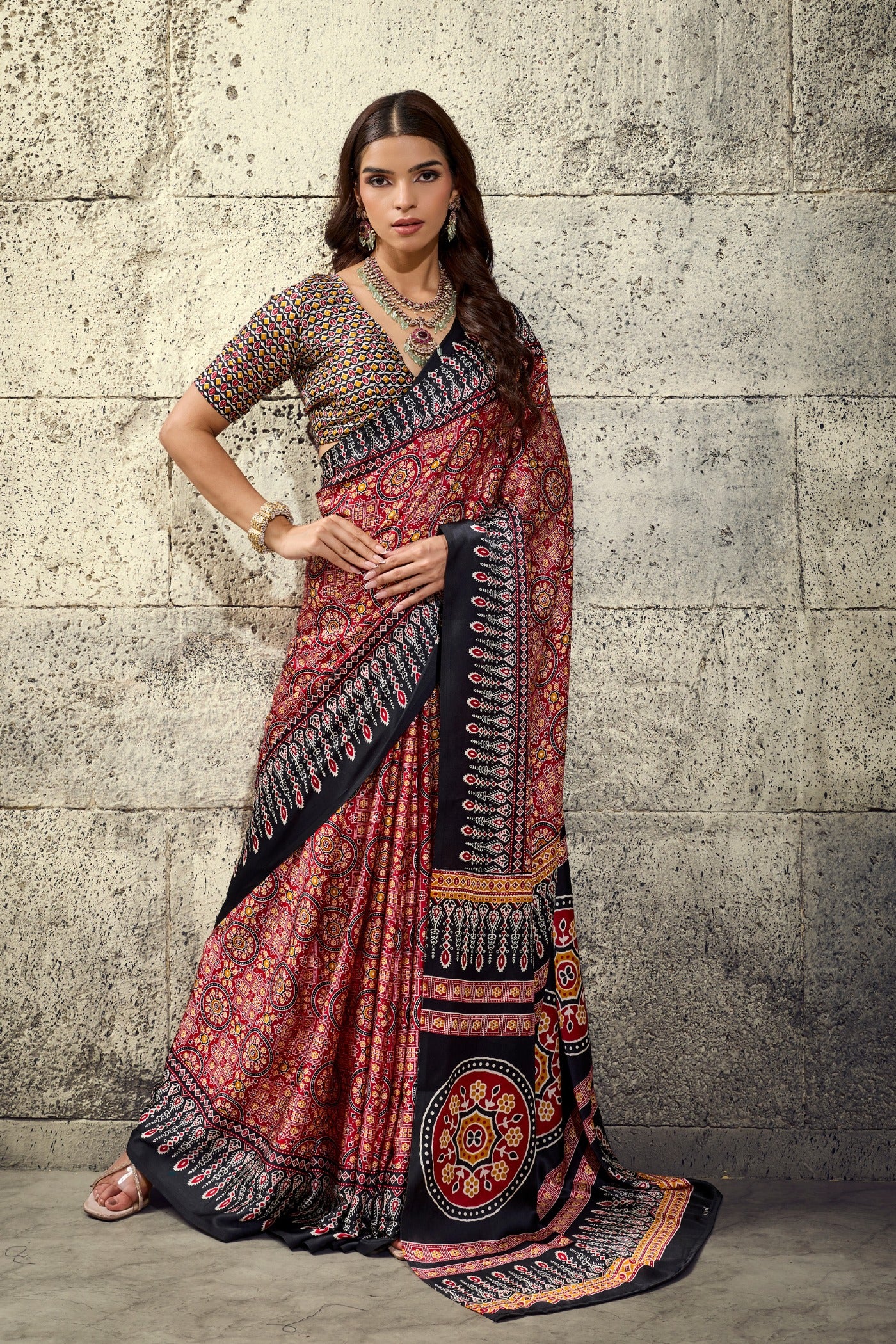 Buy MySilkLove Pickle Orange and Black Modal Ajrakh Satin Printed Silk Saree Online