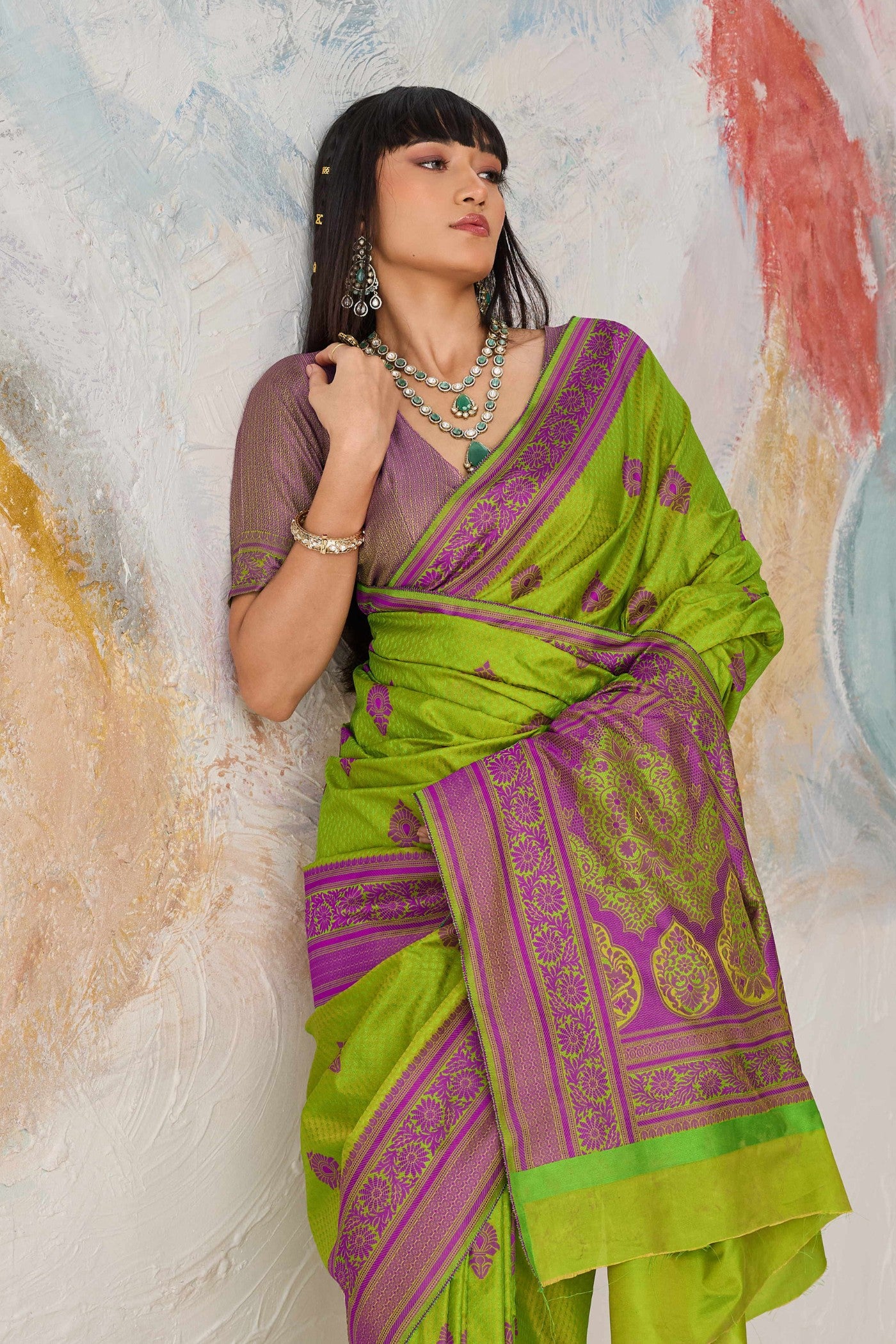 MySilkLove Matcha Green Woven Tanchoi Kanjivaram Saree