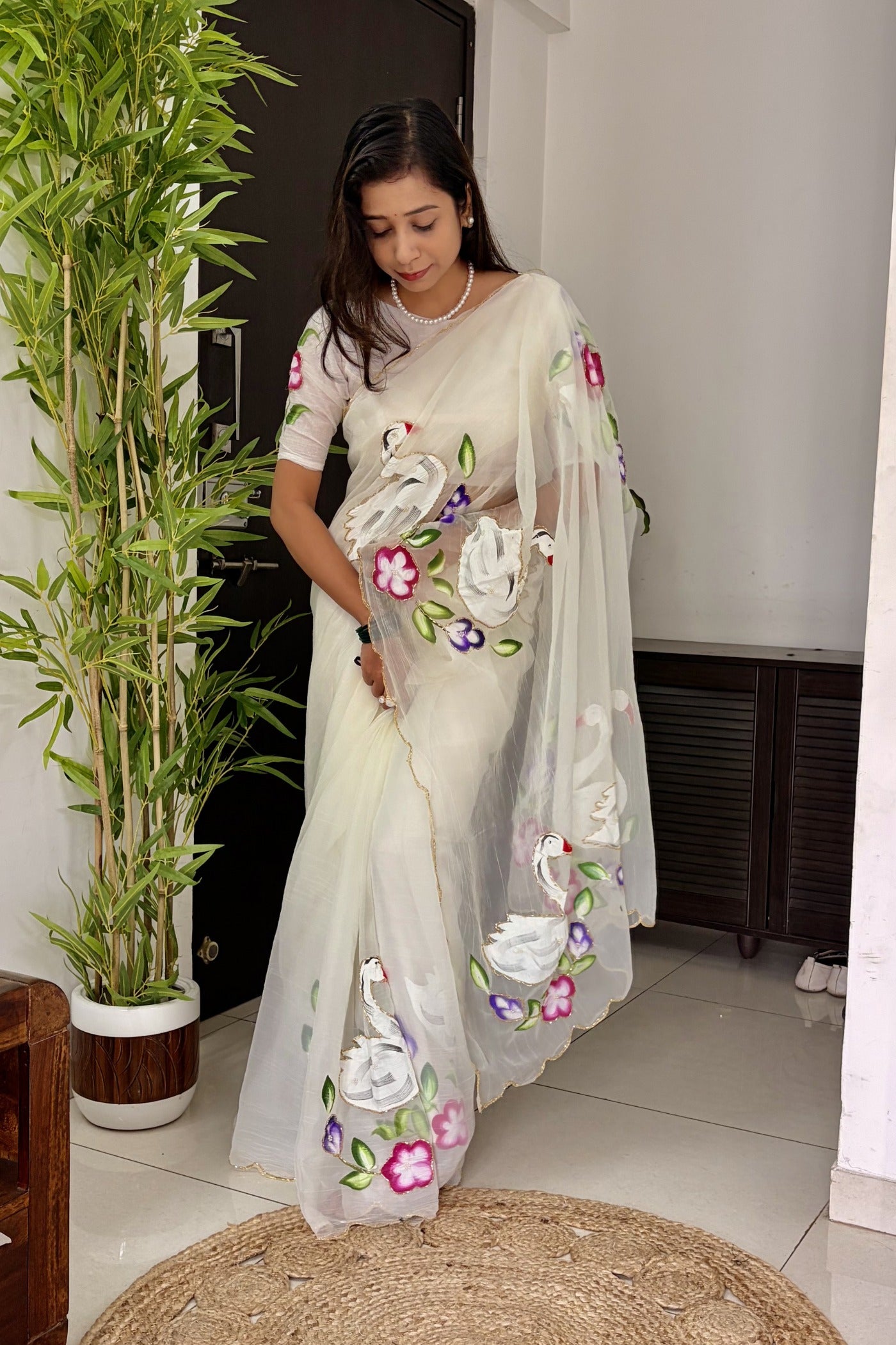Buy MySilkLove Pearl White Organza Printed Floral Saree Online