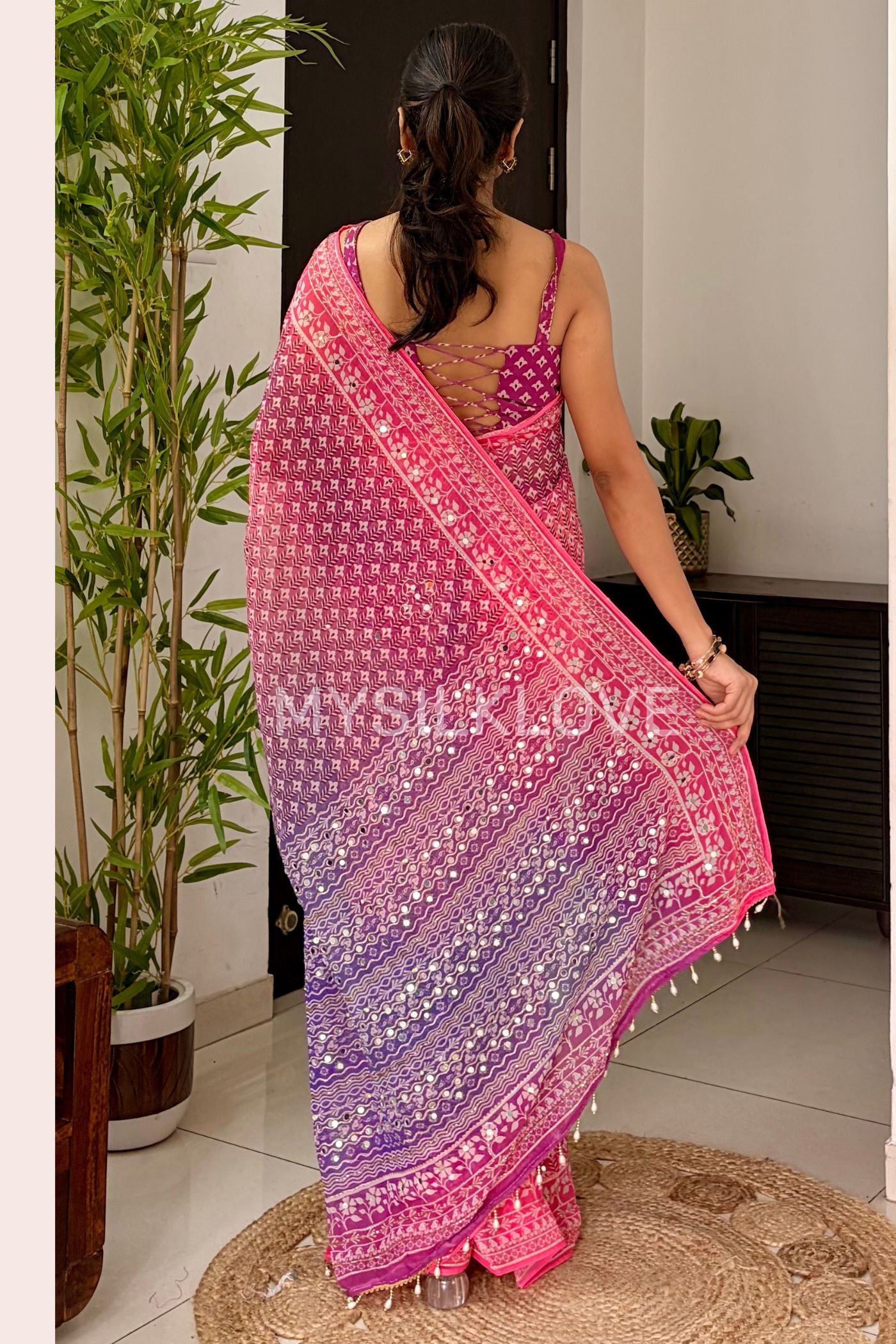 Buy MySilkLove Kareena Kapoor Inspired: Pink Ajrakh Georgette Mirror Work Saree Online