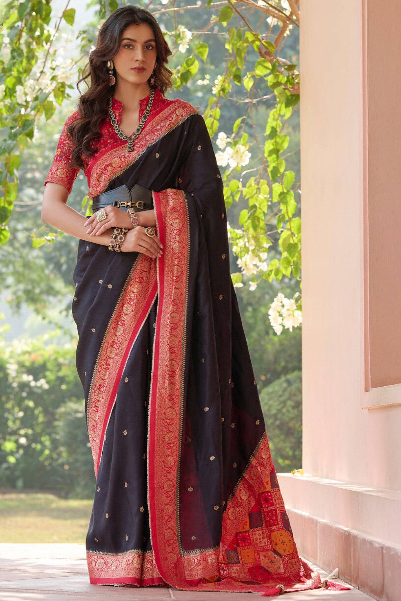 Buy MySilkLove Thunder Black and Red Banarasi Handloom Saree Online