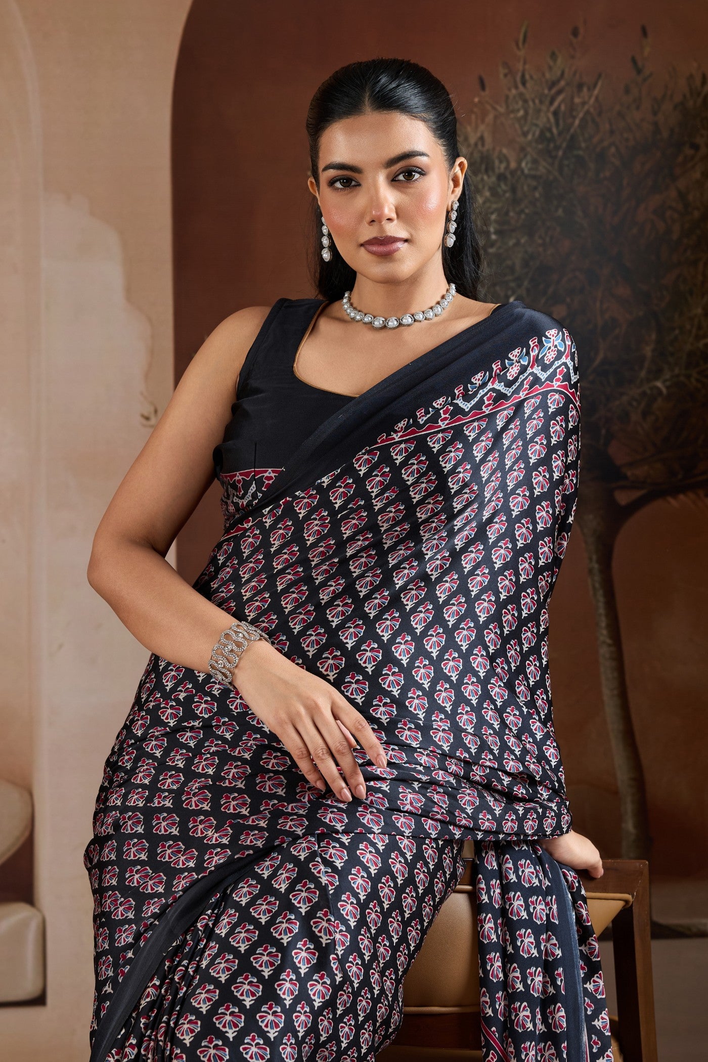 MySilkLove Eclipse Black Ajrakh Printed Satin Crepe Silk Saree
