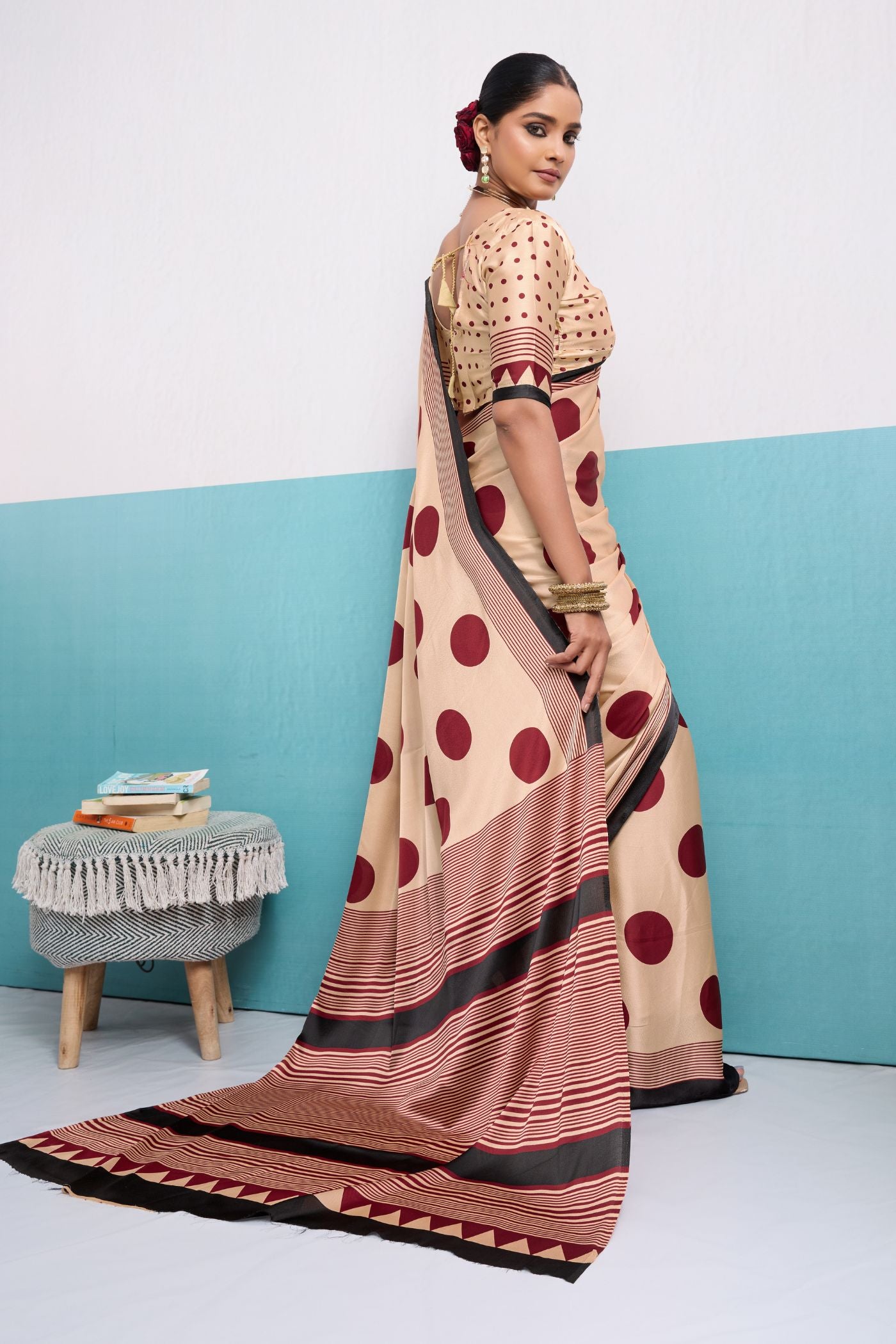 MySilkLove Nectar Cream Polka Dots Satin Crepe Saree