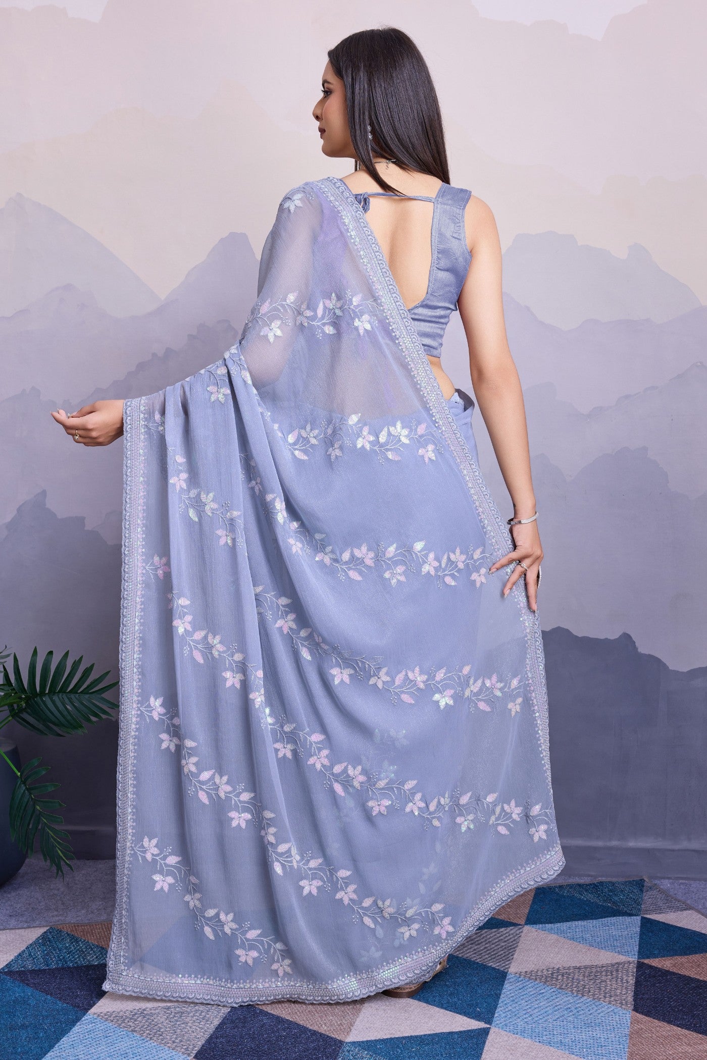 Buy MySilkLove Columbia Blue Embroidered Designer Chiffon Saree Online