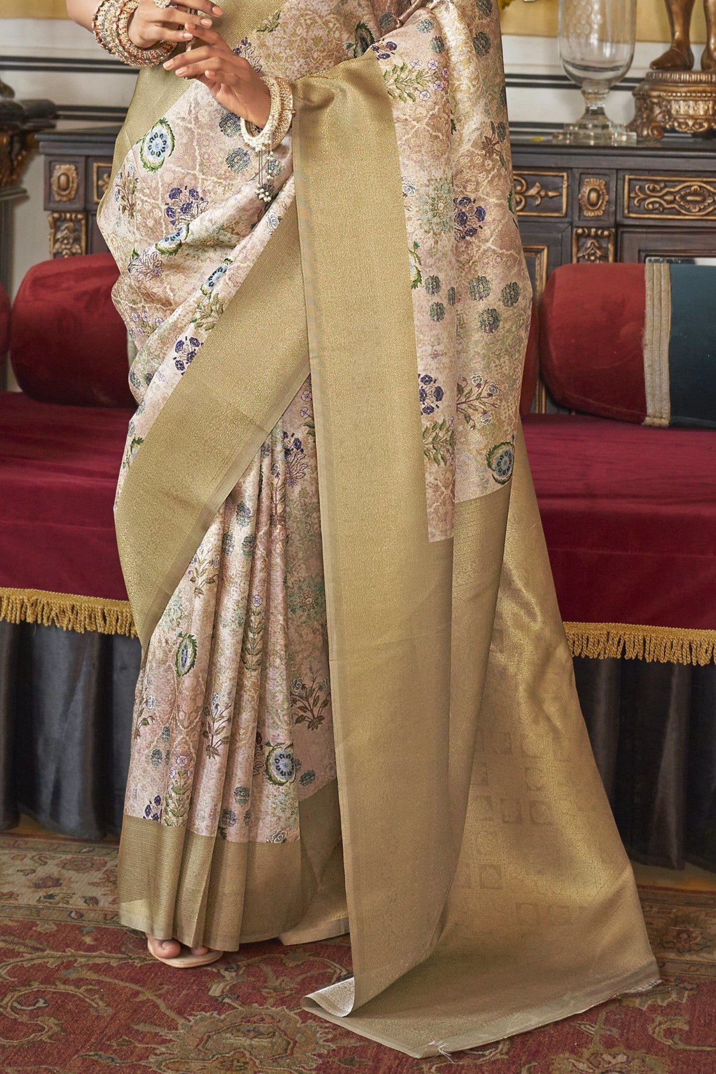 Buy MySilkLove Pavlova Yellow and Cream Tussar Banarasi Digital Printed Saree Online