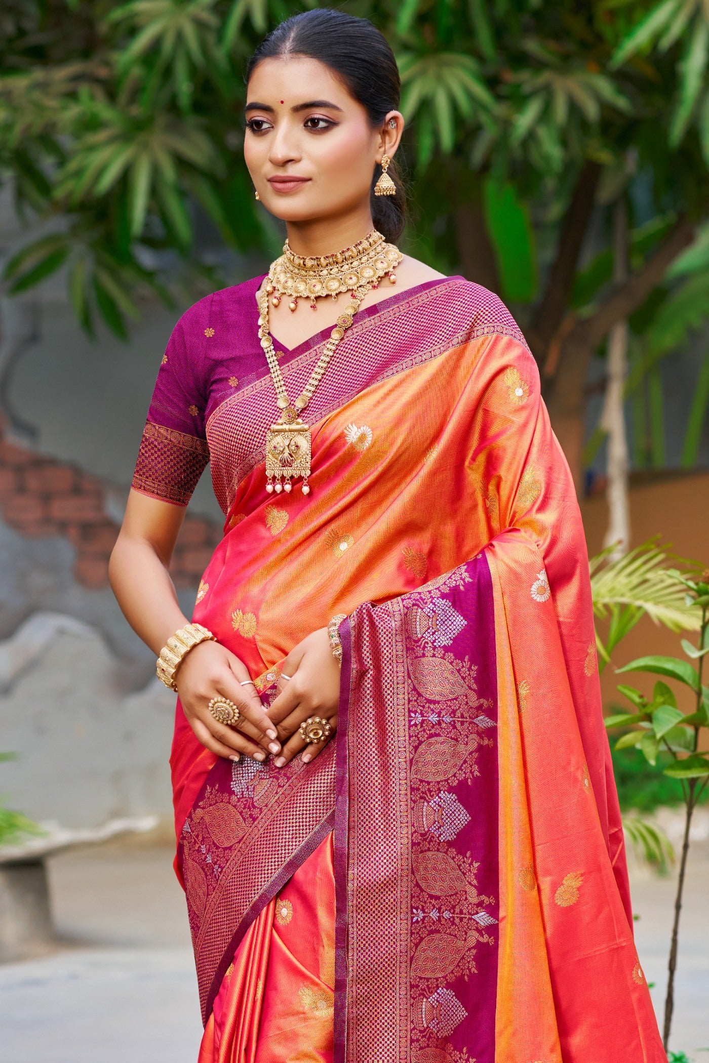 Buy MySilkLove Smashed Orange Woven Banarasi Saree Online