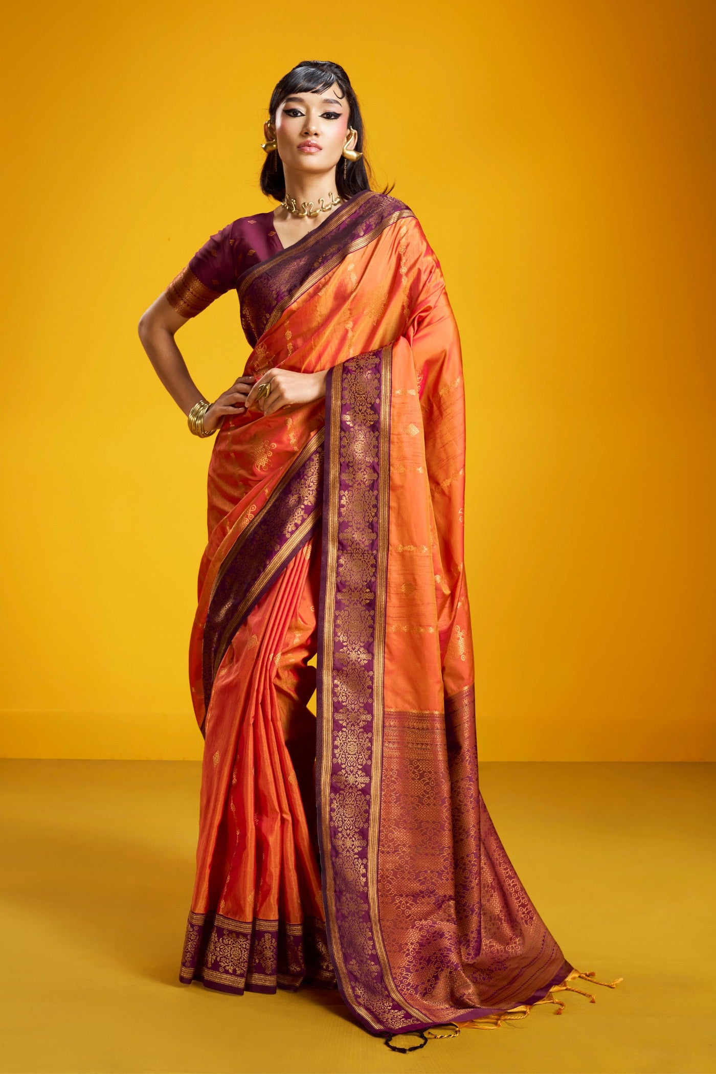 Buy MySilkLove Mahogany Orange Banarasi Handloom Soft Silk Saree Online